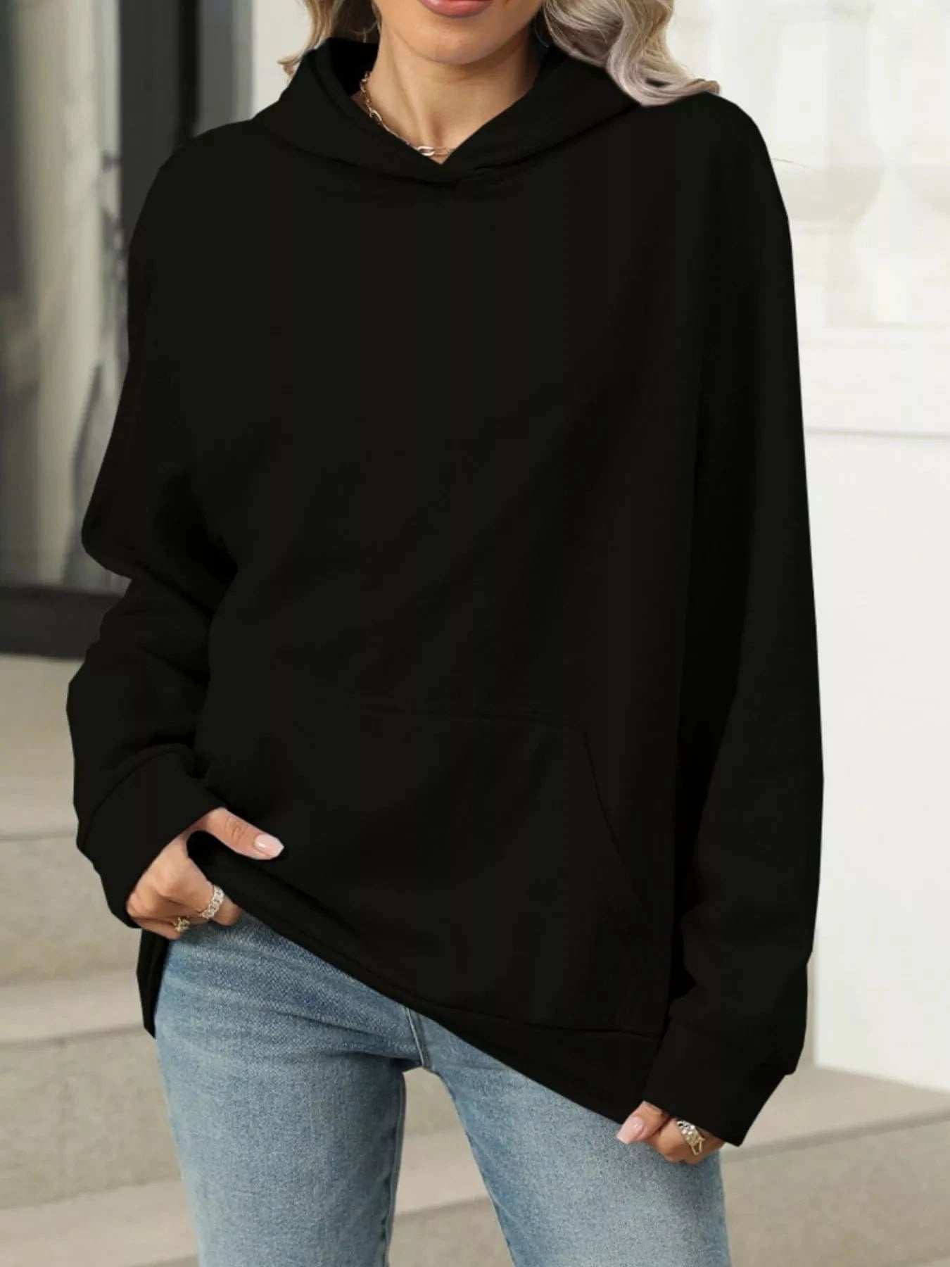 Black Kangaroo Pocket Long Sleeve Hoodie Tops and sweaters and T-Shirts