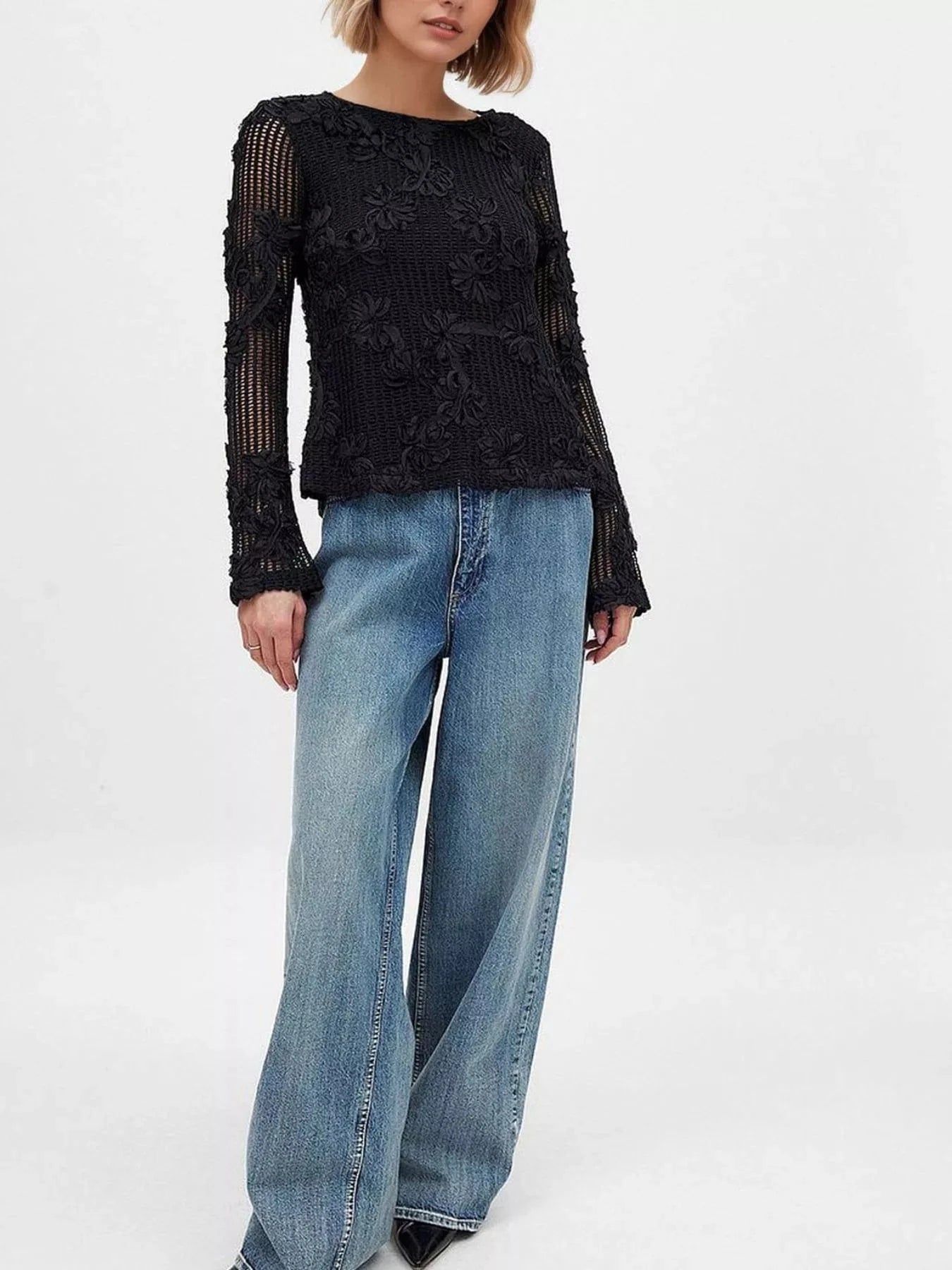 Black Openwork Tied Back Long Sleeve Blouse Tops and sweaters and T-Shirts