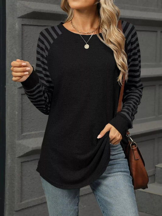 Black Striped Round Neck Raglan Sleeve T-Shirt Tops and sweaters and T-Shirts