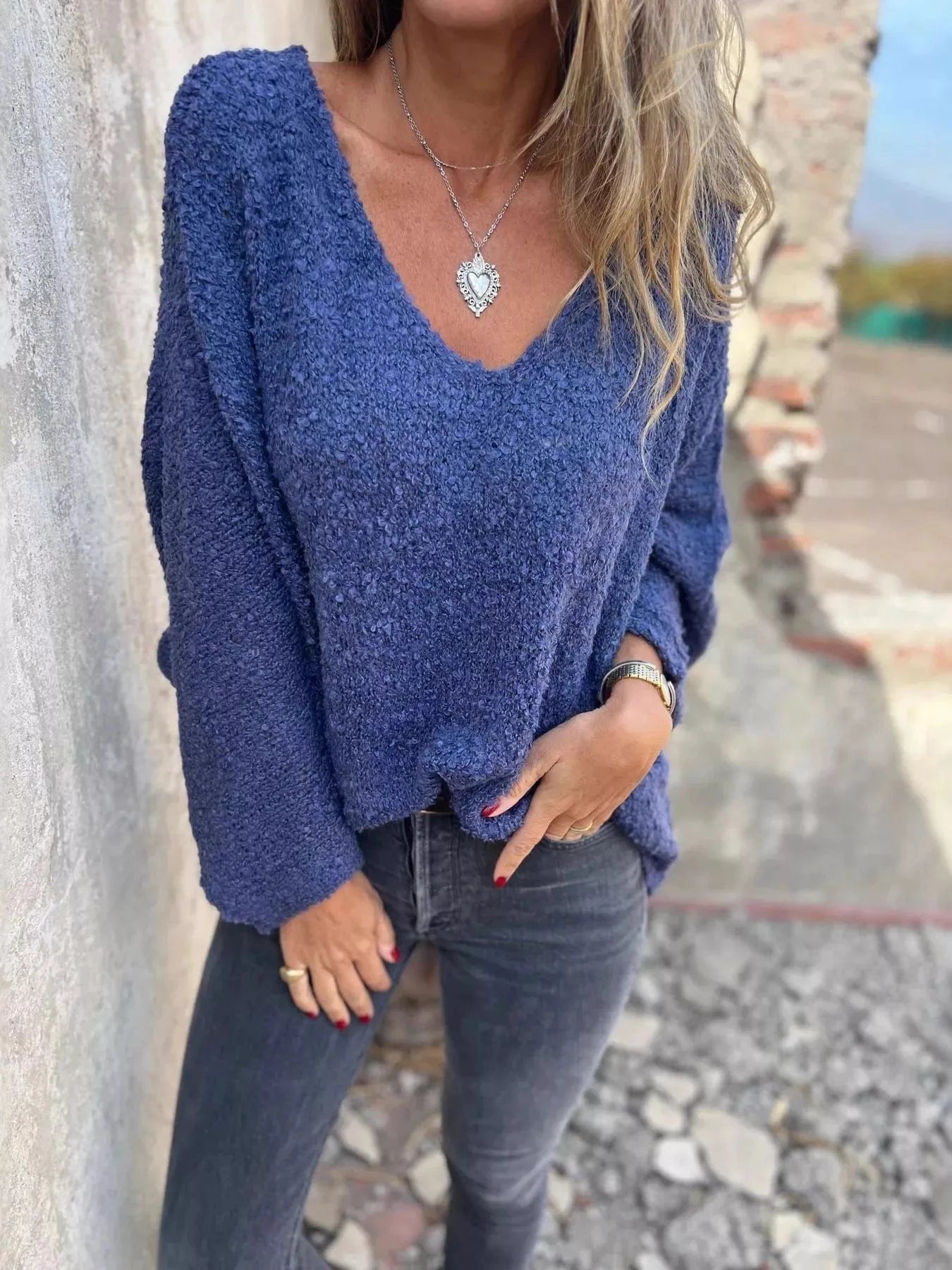 Blue Full Size V-Neck Long Sleeve Sweater Plus Size Tops and sweaters and T-Shirts