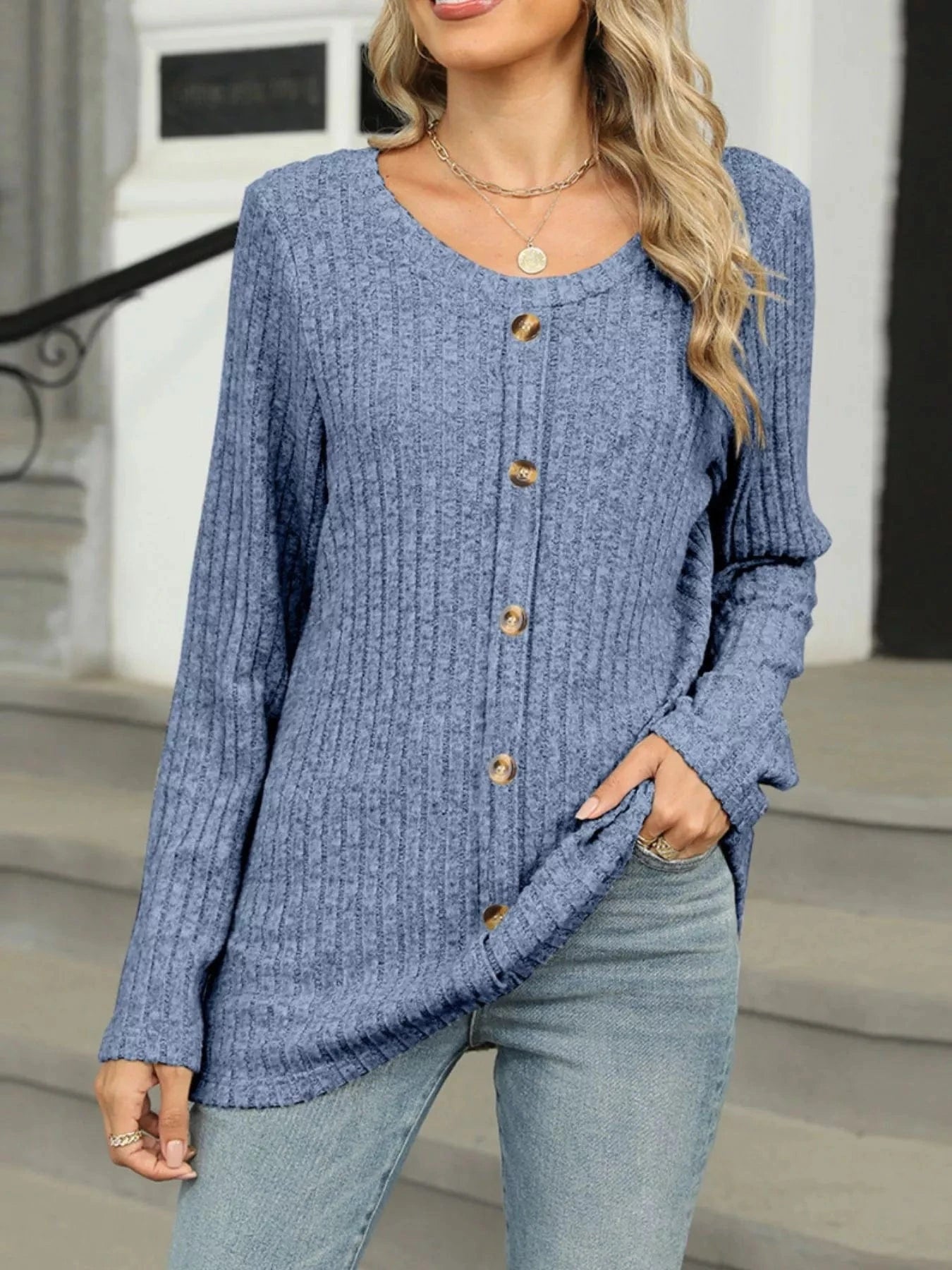 Blue Ribbed Round Neck Long Sleeve Top Tops and sweaters and T-Shirts