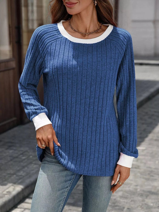 Blue Ribbed Round Neck Raglan Sleeve Knit Top Tops and sweaters and T-Shirts