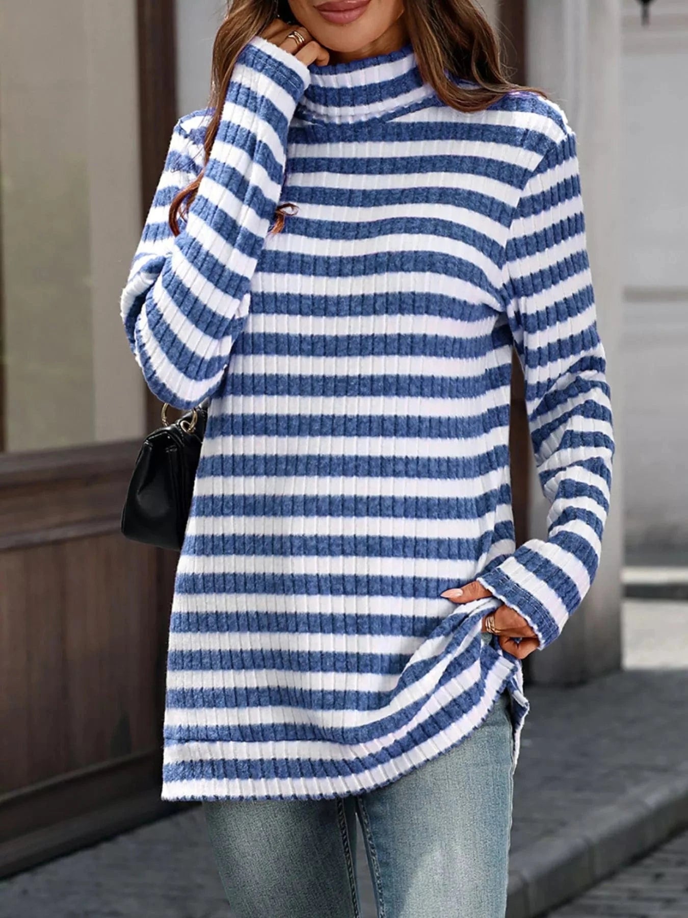 Blue Striped Turtleneck Long Sleeve Knit Top Tops and sweaters and T-Shirts