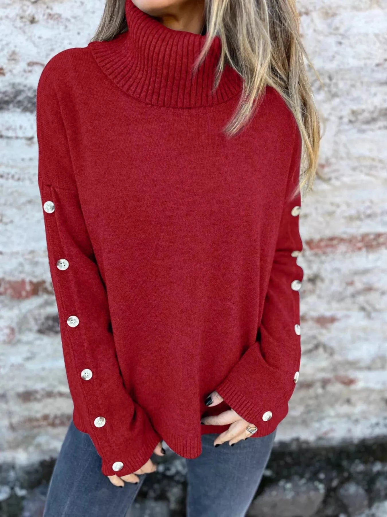 Burgundy Full Size Turtleneck Long Sleeve Sweater Plus Size Tops and sweaters and T-Shirts