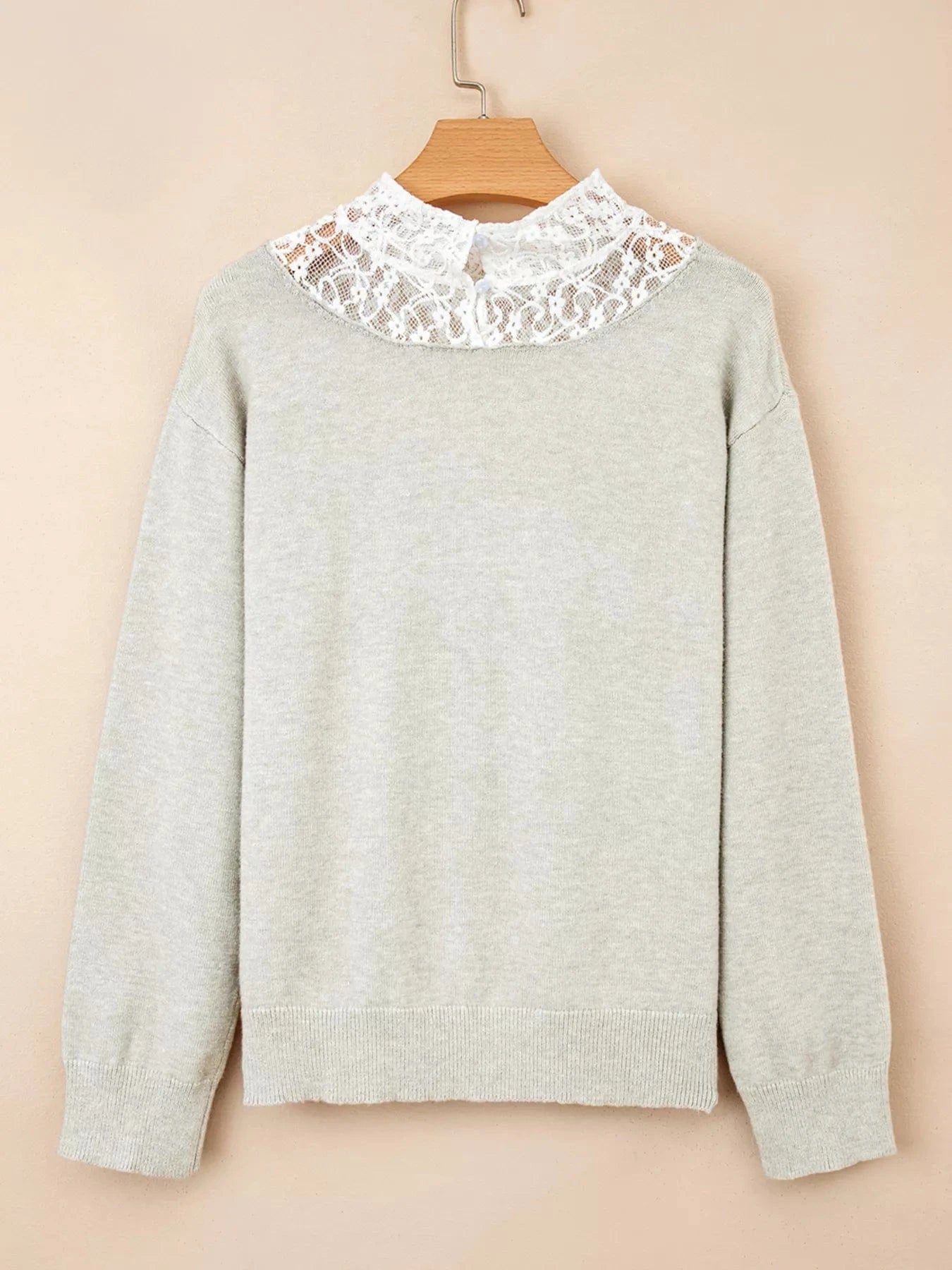 Button Keyhole Lace Patchwork Drop Shoulder Sweater Tops and sweaters and T-Shirts