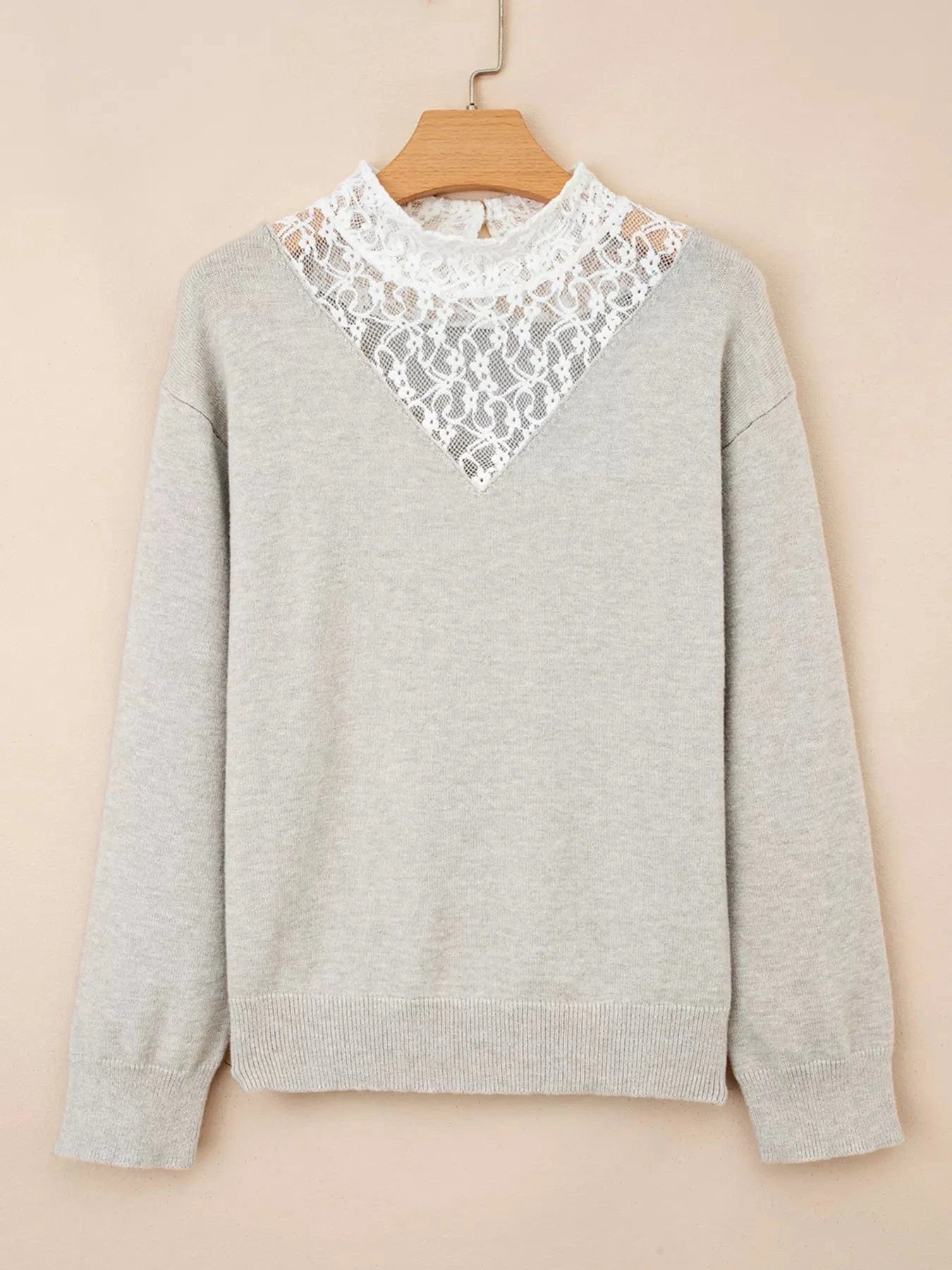 Button Keyhole Lace Patchwork Drop Shoulder Sweater Tops and sweaters and T-Shirts