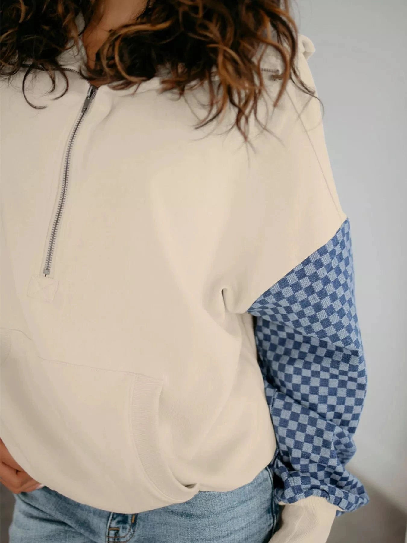 Checkered Color Block Half Zip Sweatshirt Tops and sweaters and T-Shirts