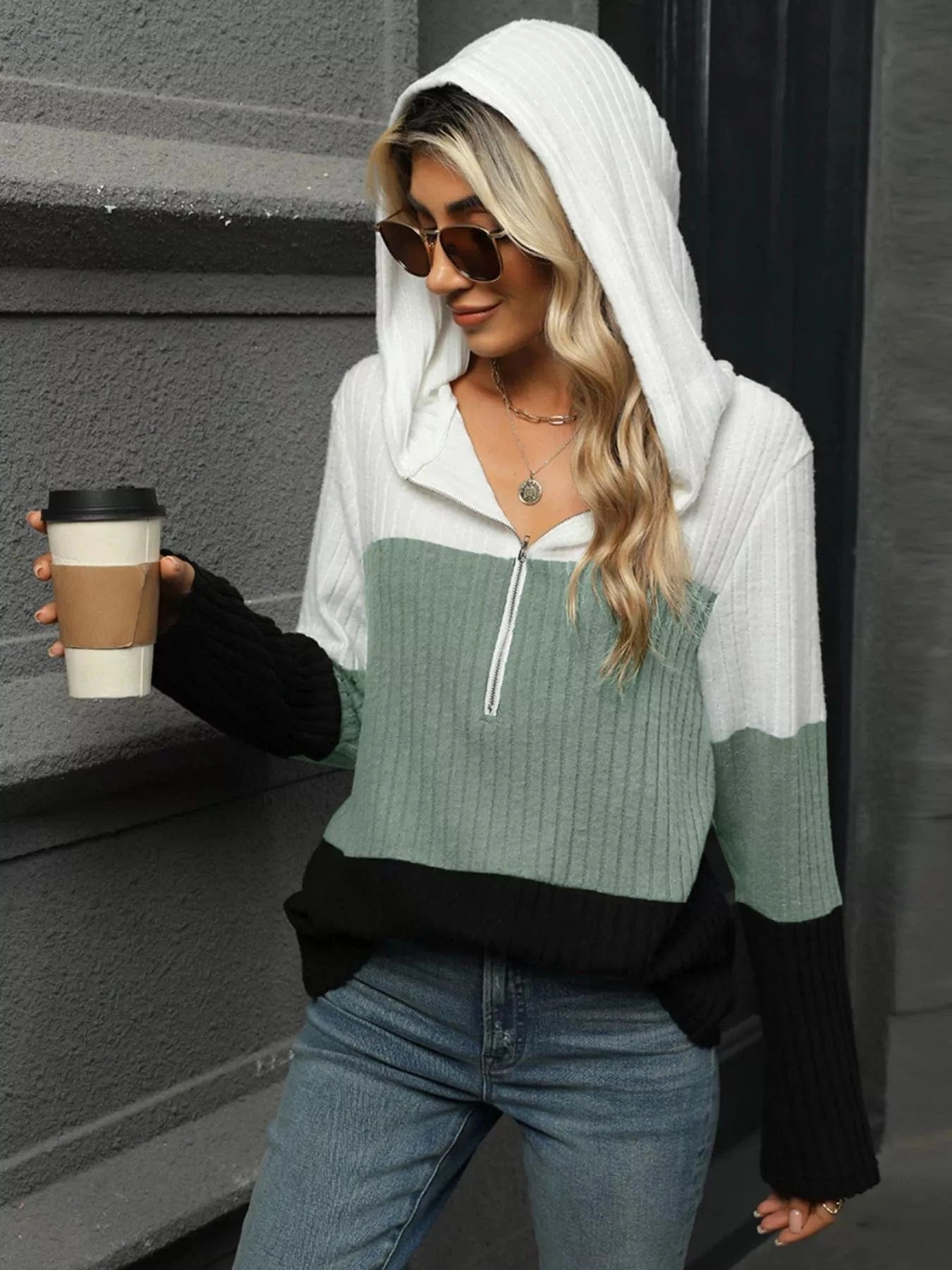 Color Block Half Zip Hooded Top Tops and sweaters and T-Shirts