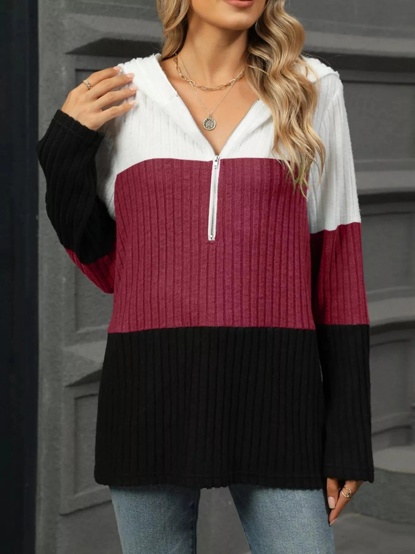 Color Block Half Zip Hooded Top Tops and sweaters and T-Shirts