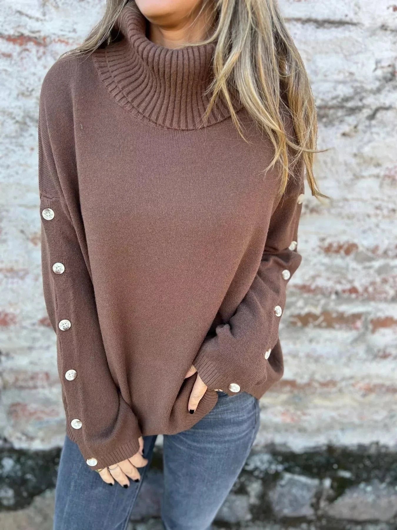 Dark Brown Full Size Turtleneck Long Sleeve Sweater Plus Size Tops and sweaters and T-Shirts