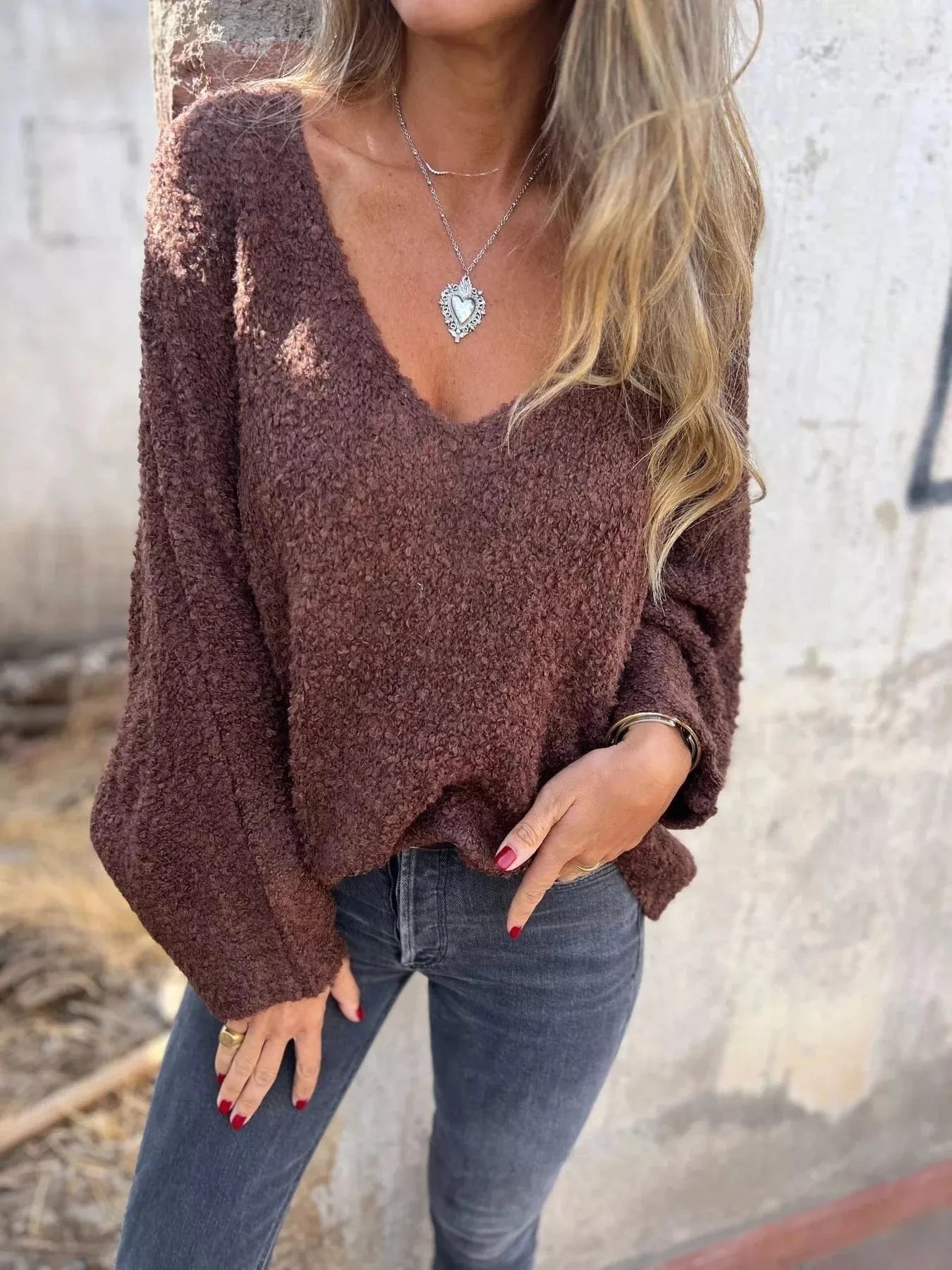 Dark Brown Full Size V-Neck Long Sleeve Sweater Plus Size Tops and sweaters and T-Shirts