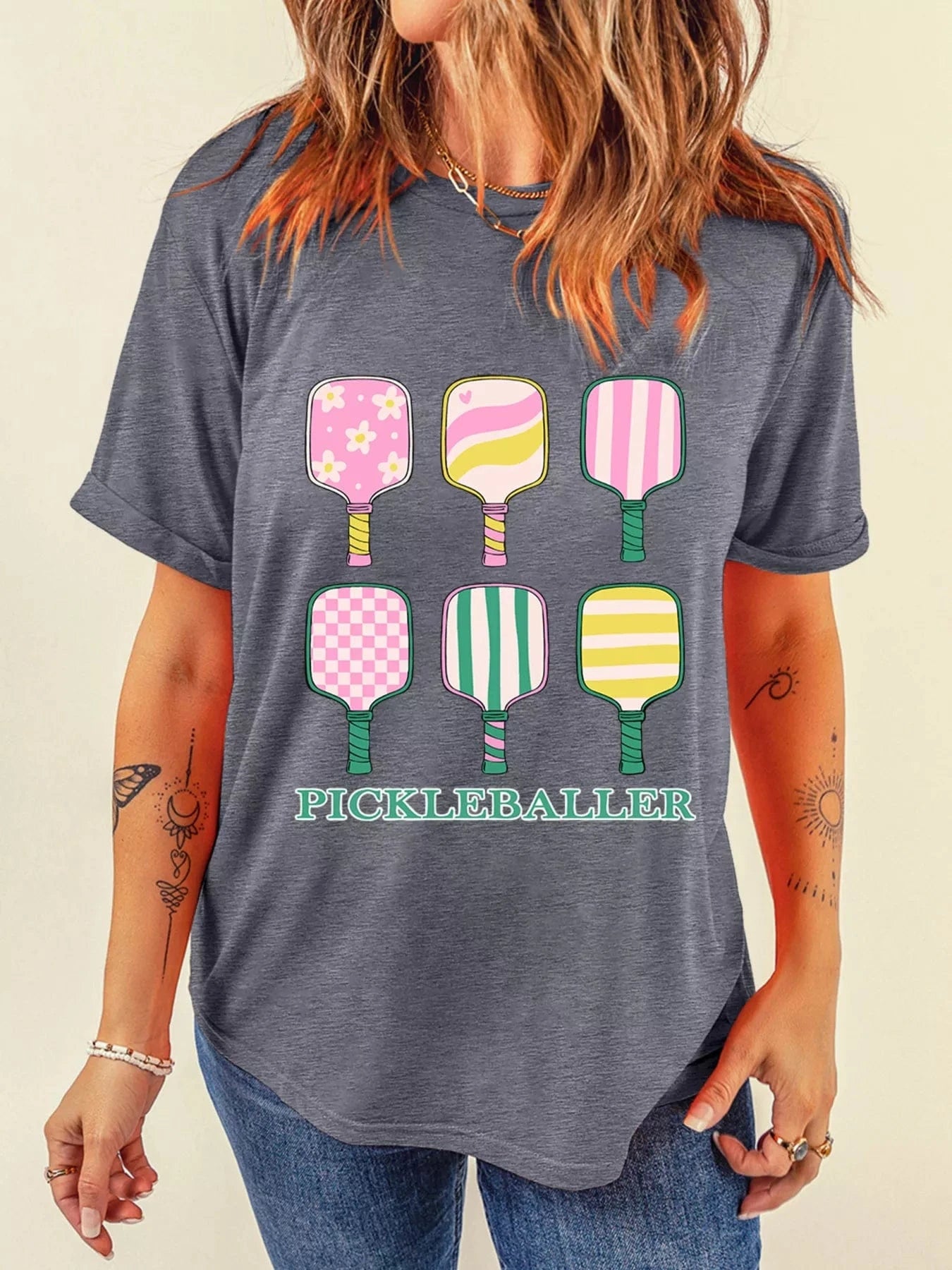 Dark Gray PICKLEBALLER Playful Bats Printed Casual T Shirt Tops and sweaters and T-Shirts