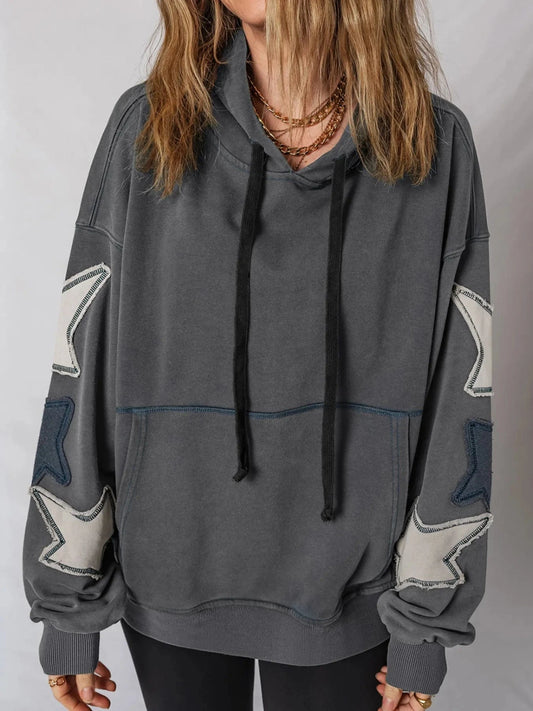 Dark Gray Star Patchwork Contrast Stitching Mineral Wash Kangaroo Pocket Hoodie Tops and sweaters and T-Shirts