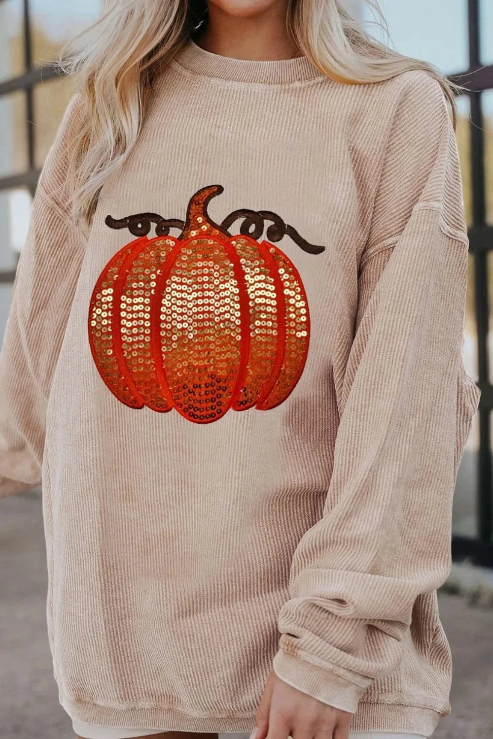 Eggshell Sequin Pumpkin Round Neck Long Sleeve Sweatshirt Tops and sweaters and T-Shirts