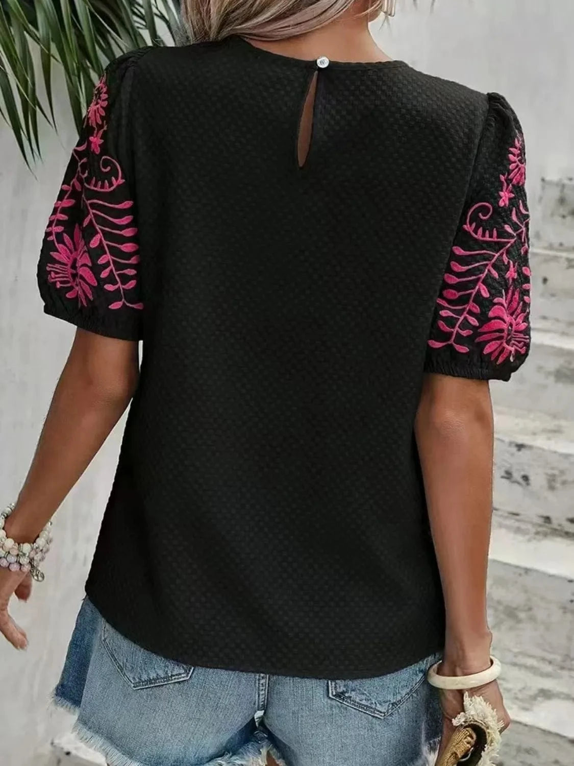Embroidered Round Neck Short Sleeve Blouse Tops and sweaters and T-Shirts