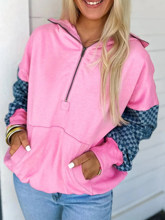 Fuchsia Pink Half Zip Checkered Sleeve Hoodie Tops and sweaters and T-Shirts