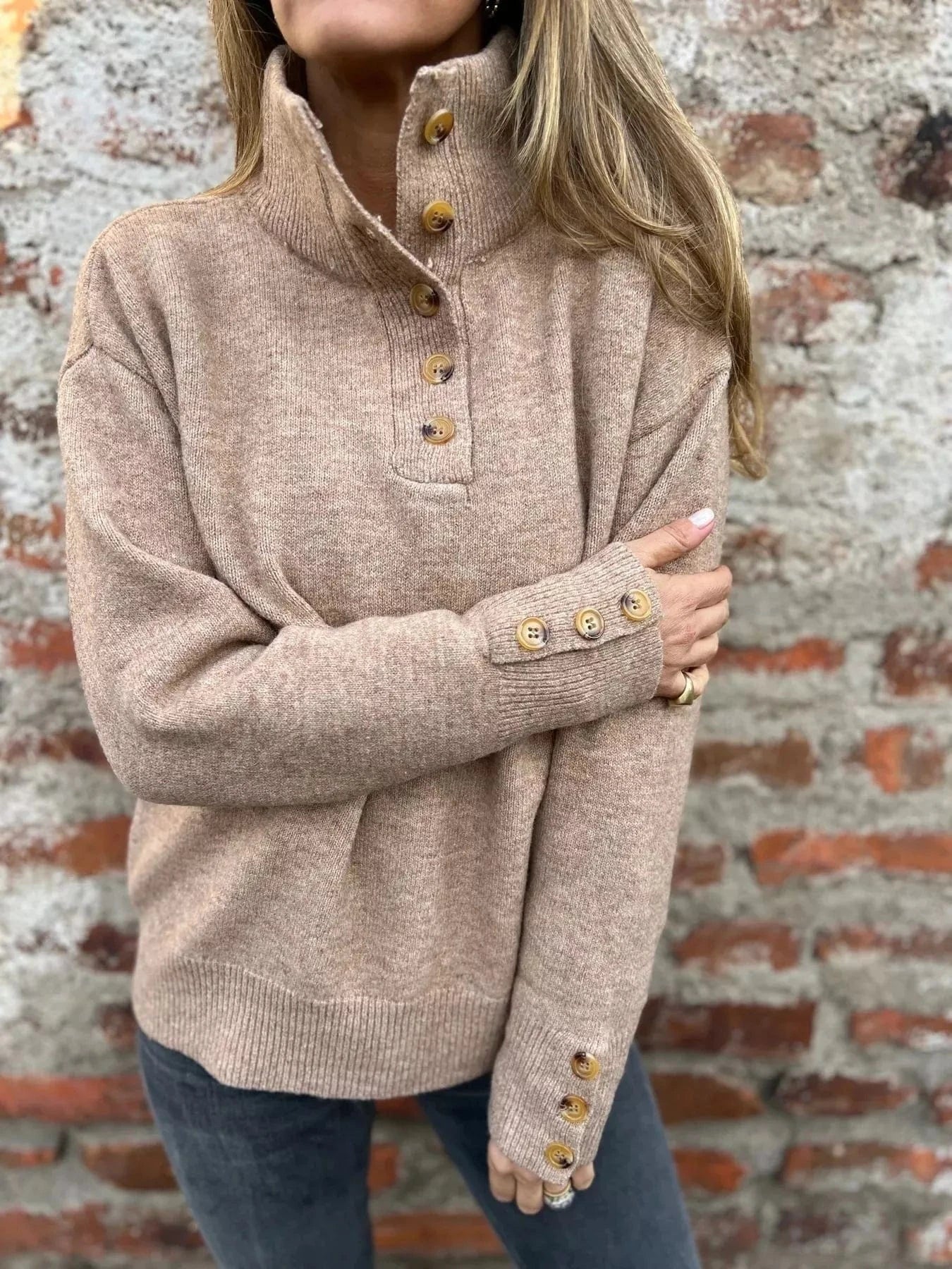 Full Size Button-Detail Turtleneck Sweater Plus Size Tops and sweaters and T-Shirts
