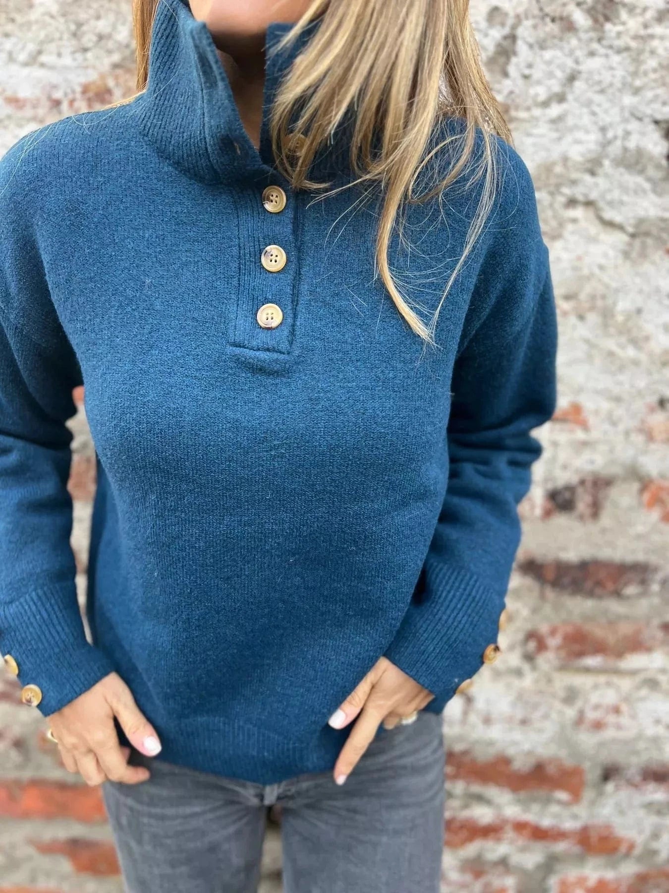 Full Size Button-Detail Turtleneck Sweater Plus Size Tops and sweaters and T-Shirts