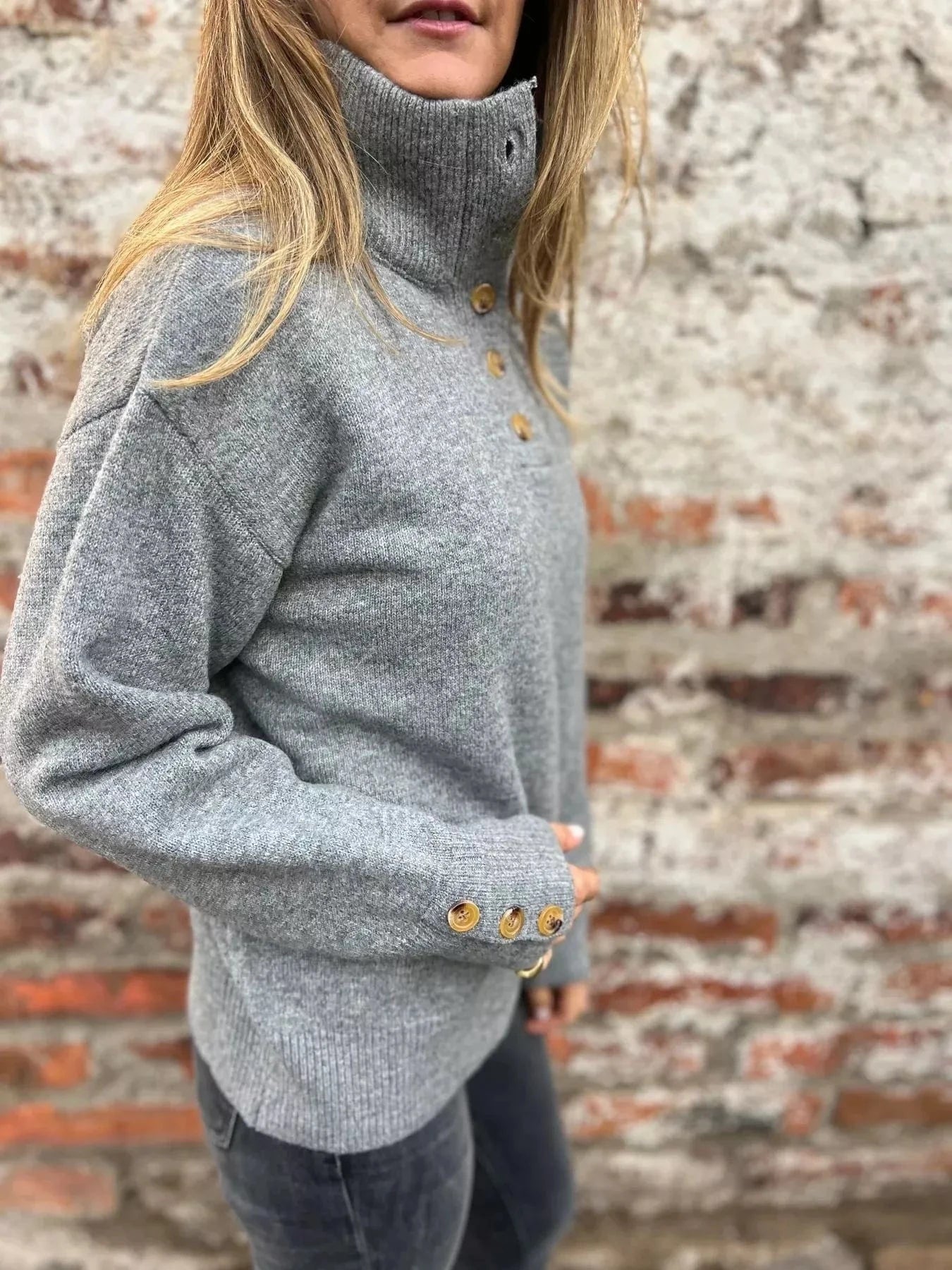 Full Size Button-Detail Turtleneck Sweater Plus Size Tops and sweaters and T-Shirts