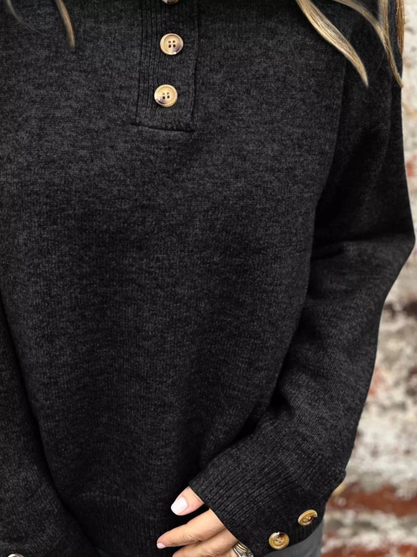 Full Size Button-Detail Turtleneck Sweater Plus Size Tops and sweaters and T-Shirts