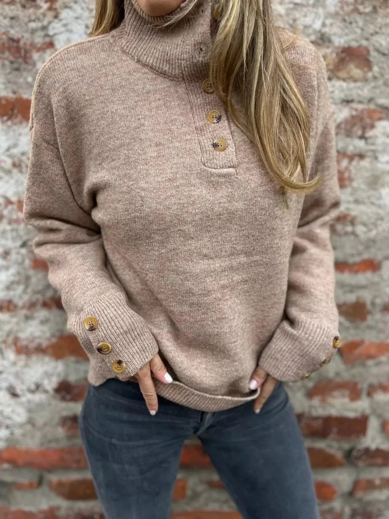Full Size Button-Detail Turtleneck Sweater Plus Size Tops and sweaters and T-Shirts