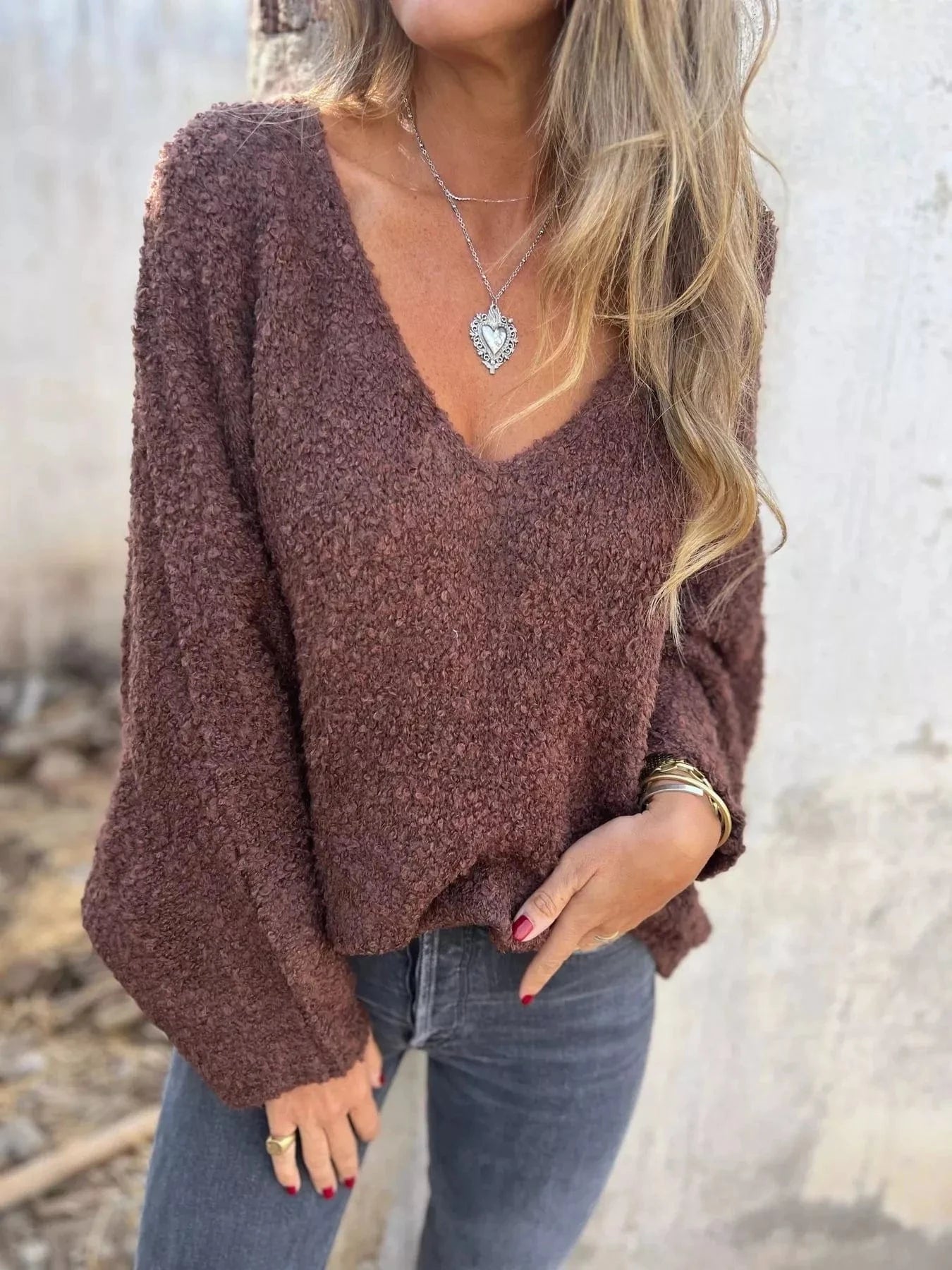 Full Size V-Neck Long Sleeve Sweater Plus Size Tops and sweaters and T-Shirts