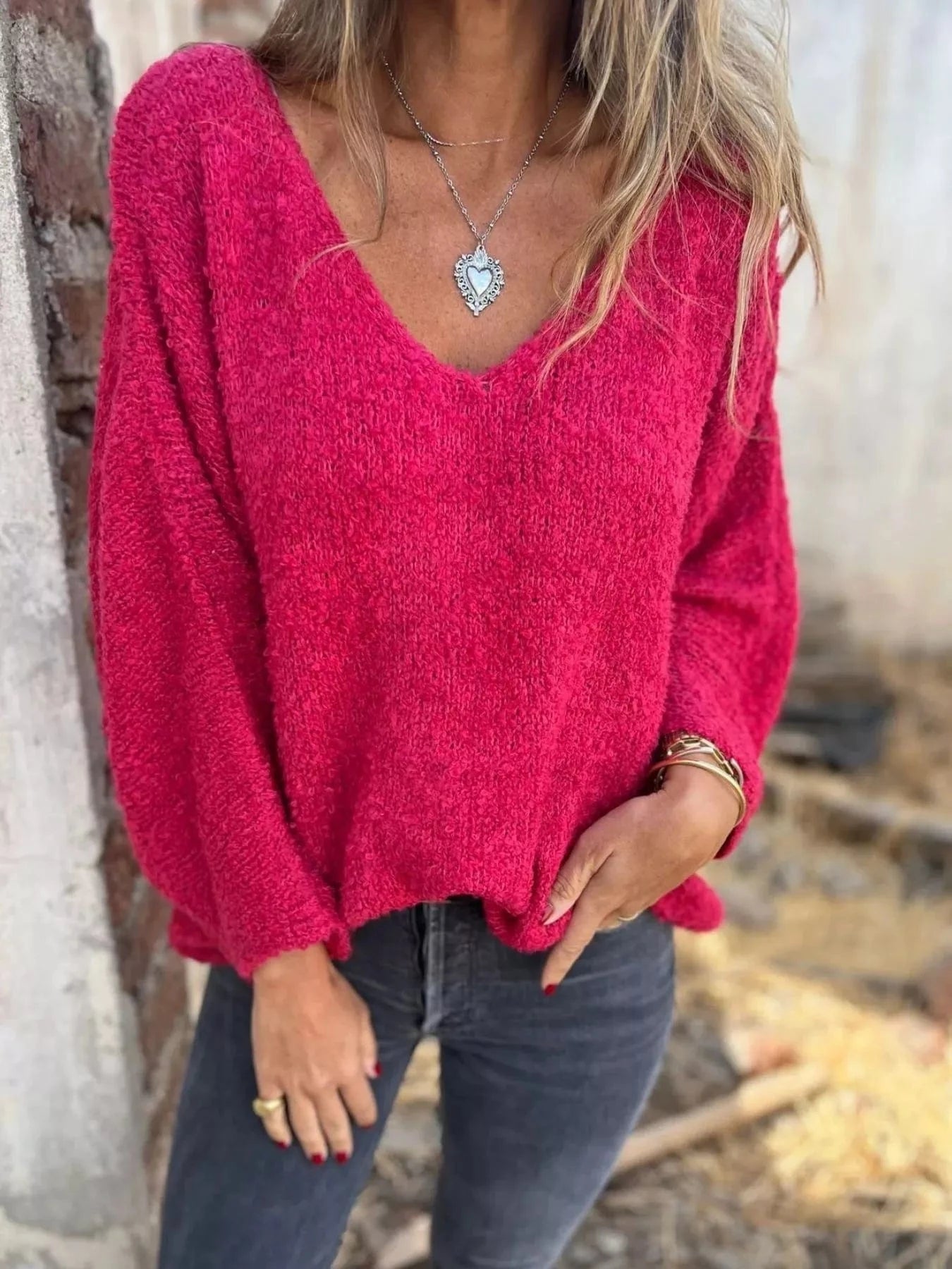 Full Size V-Neck Long Sleeve Sweater Plus Size Tops and sweaters and T-Shirts