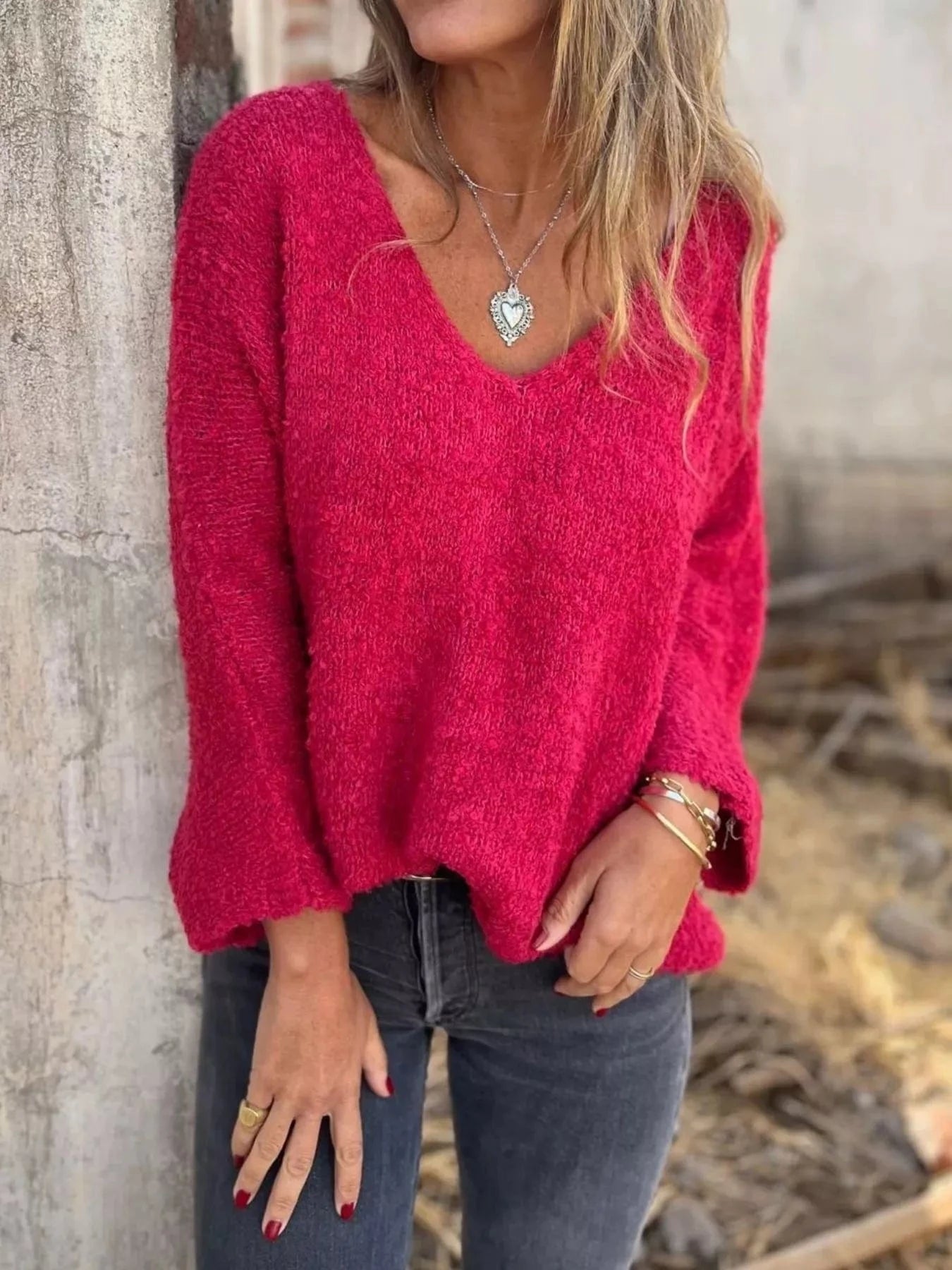 Full Size V-Neck Long Sleeve Sweater Plus Size Tops and sweaters and T-Shirts