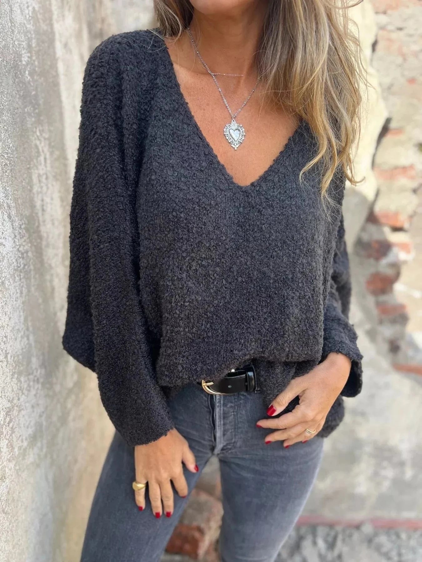 Full Size V-Neck Long Sleeve Sweater Plus Size Tops and sweaters and T-Shirts