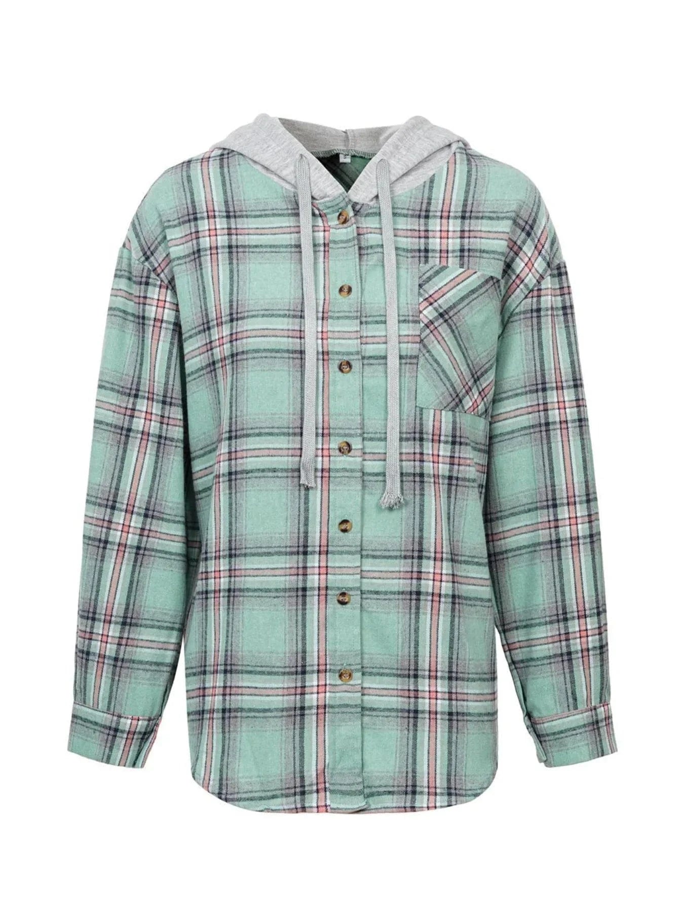 Green Plaid Button-Up Hooded Shirt Tops and sweaters and T-Shirts
