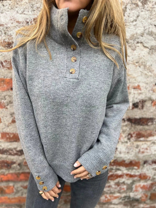 Grey Full Size Button-Detail Turtleneck Sweater Plus Size Tops and sweaters and T-Shirts