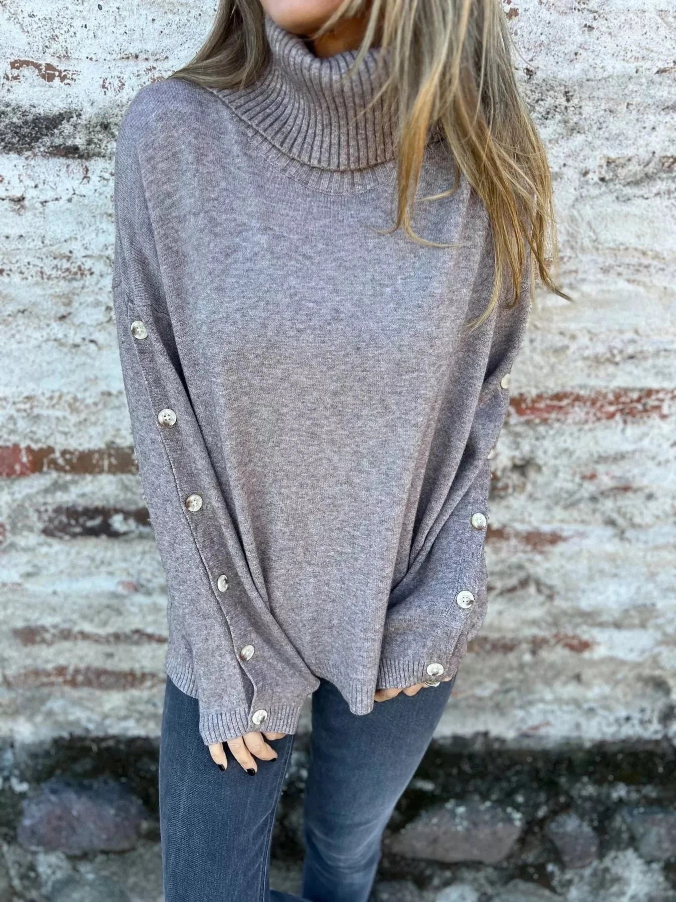 Grey Full Size Turtleneck Long Sleeve Sweater Plus Size Tops and sweaters and T-Shirts