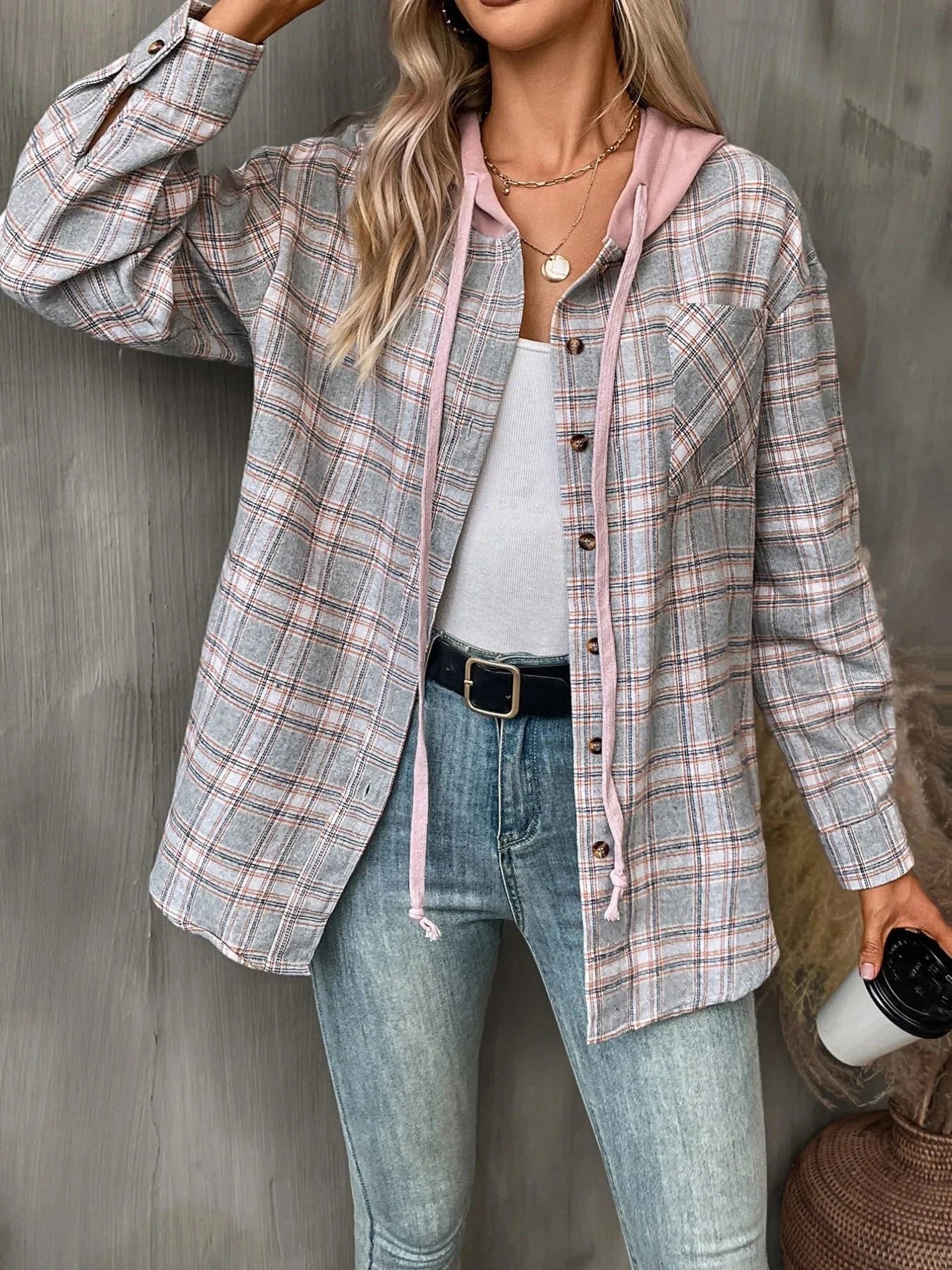 Grey Plaid Button-Up Hooded Shirt Tops and sweaters and T-Shirts