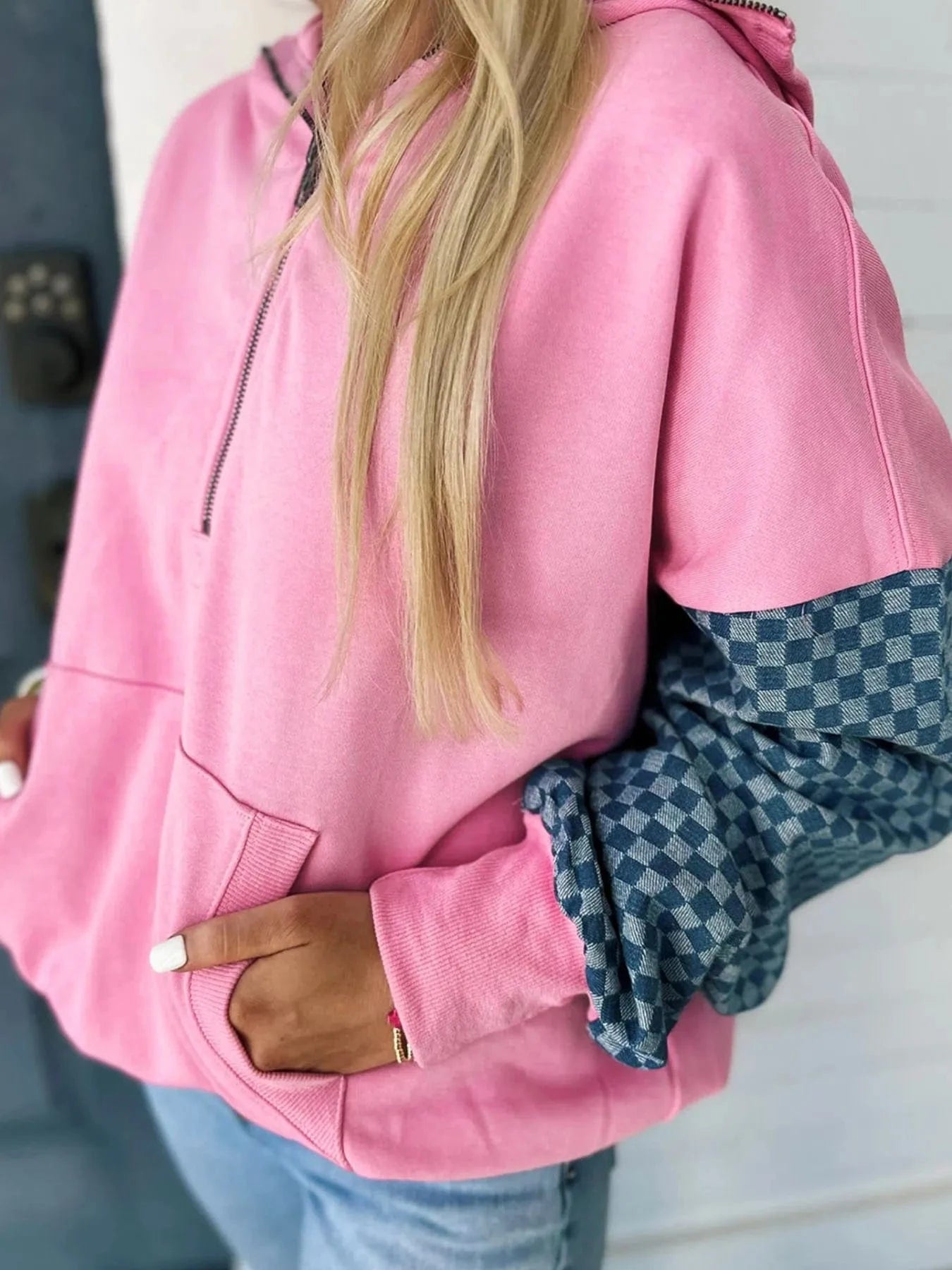 Half Zip Checkered Sleeve Hoodie Tops and sweaters and T-Shirts