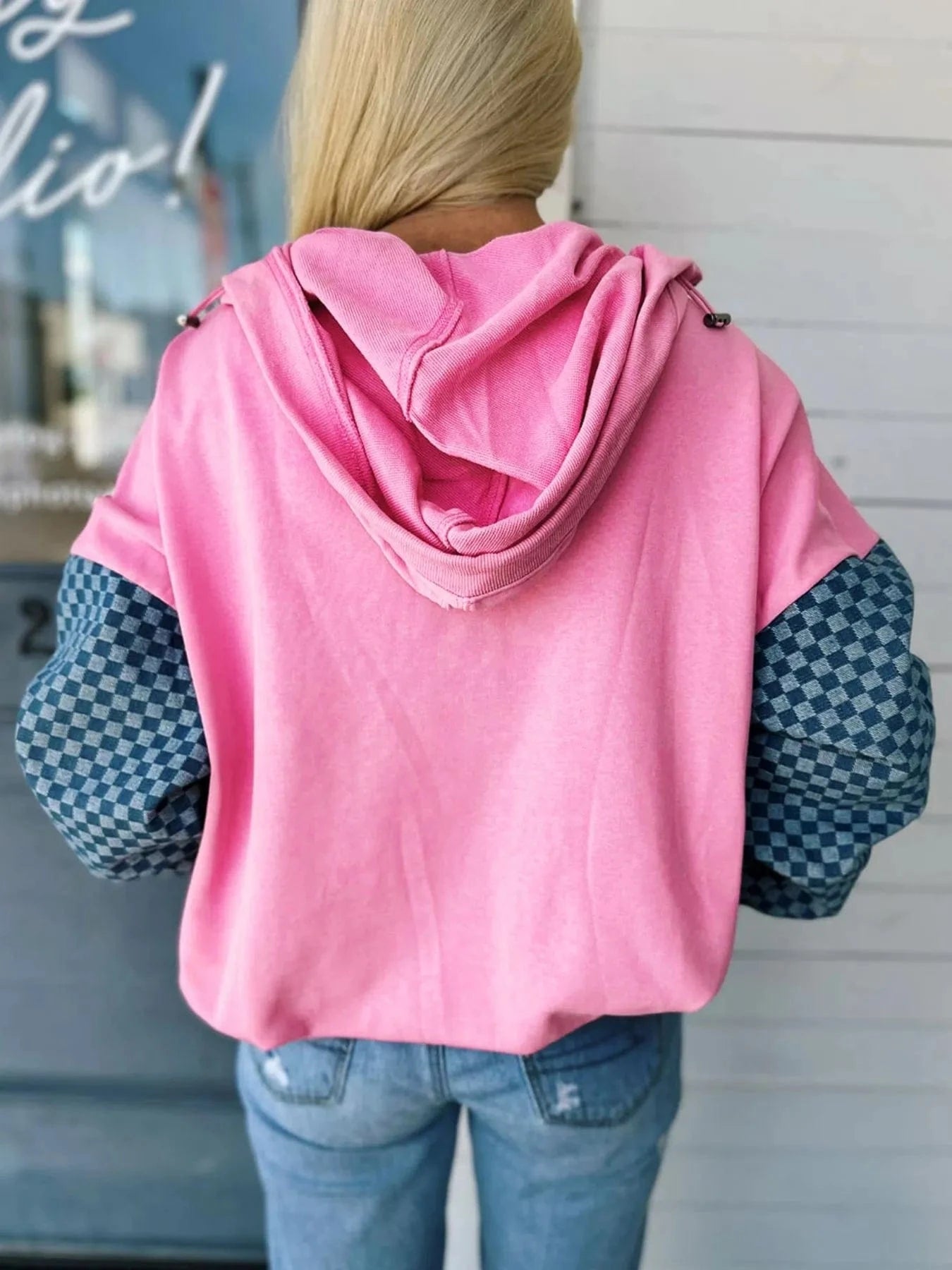 Half Zip Checkered Sleeve Hoodie Tops and sweaters and T-Shirts