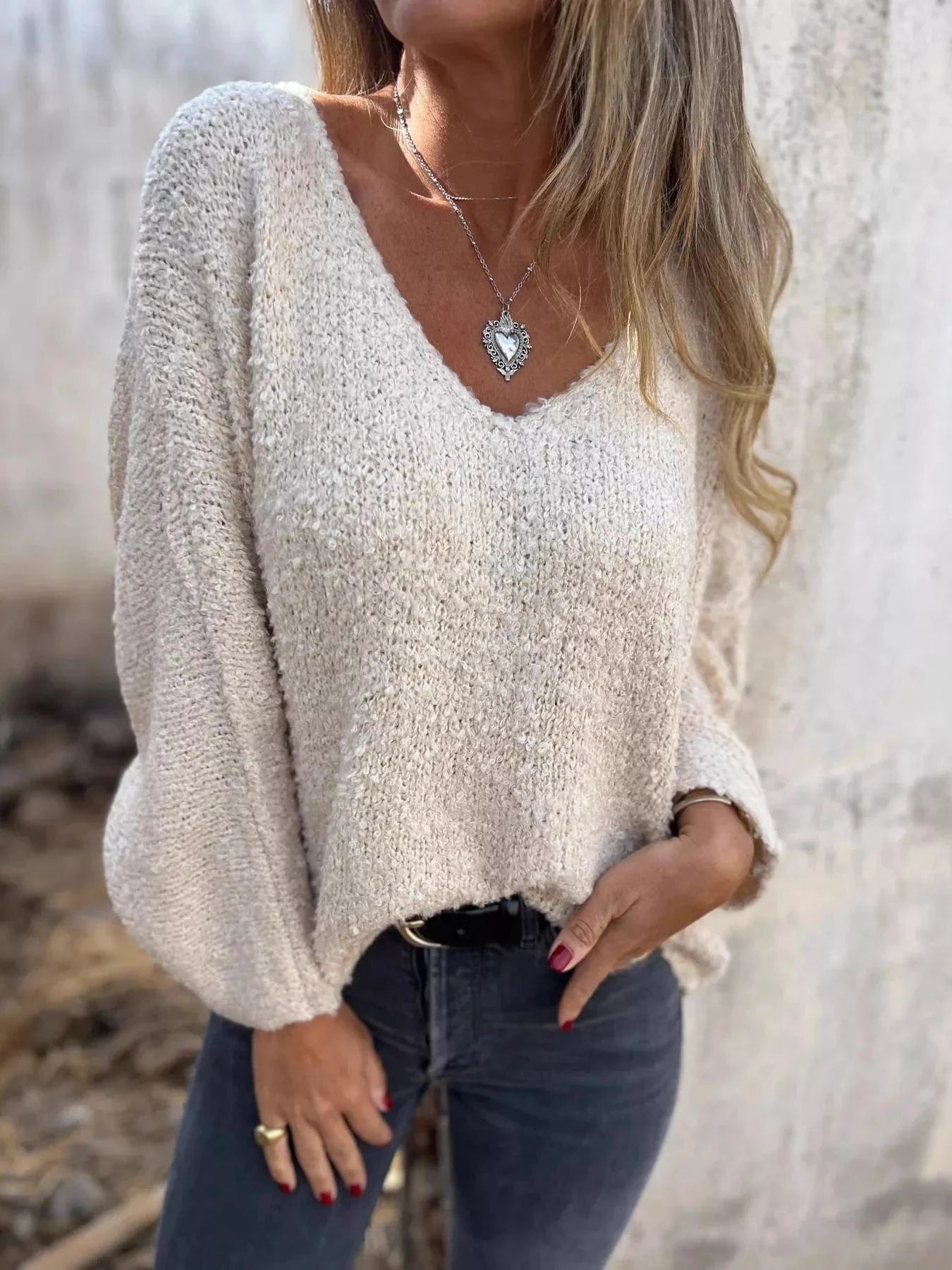 Ivory Full Size V-Neck Long Sleeve Sweater Plus Size Tops and sweaters and T-Shirts
