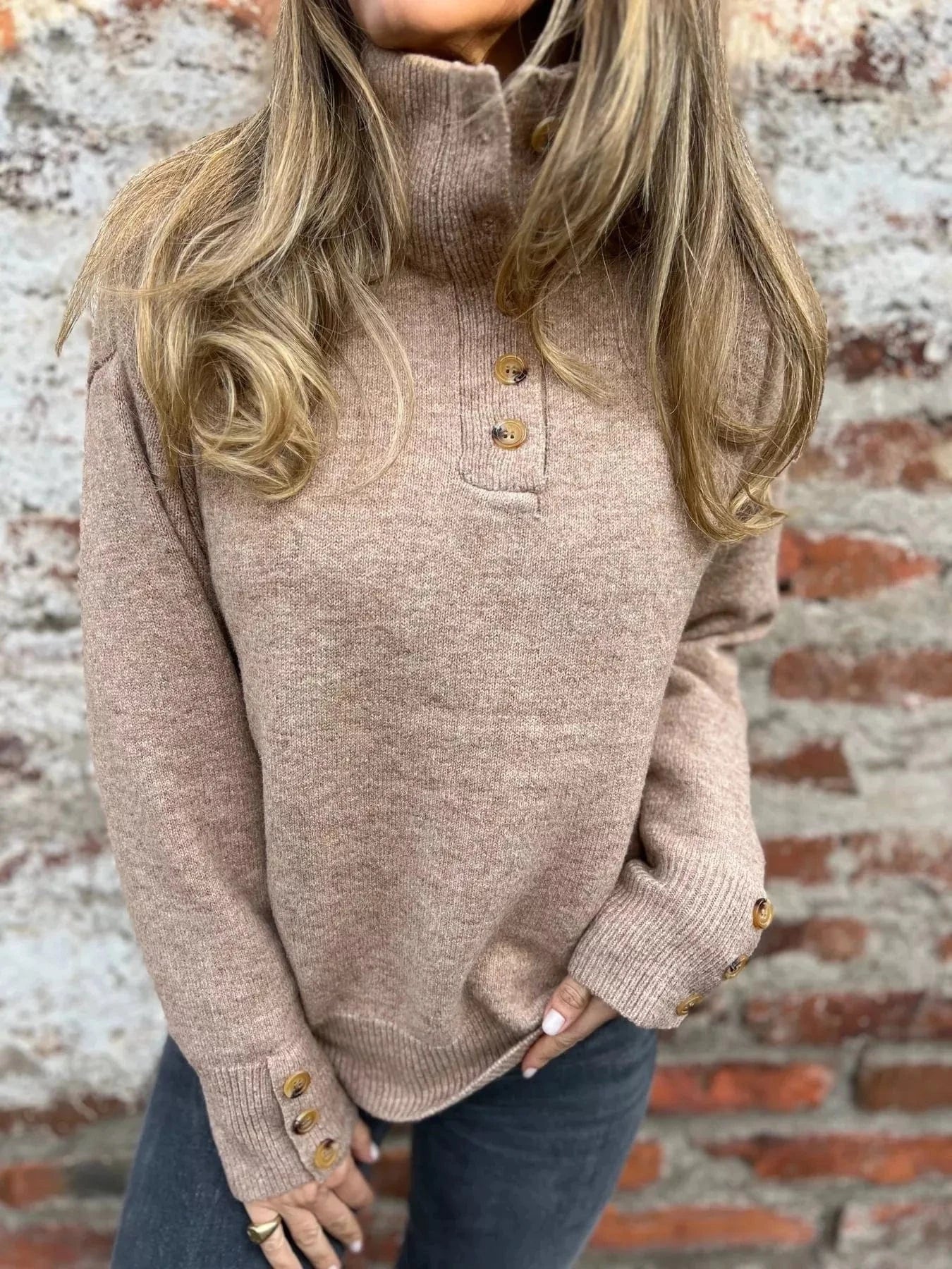 Khaki Full Size Button-Detail Turtleneck Sweater Plus Size Tops and sweaters and T-Shirts