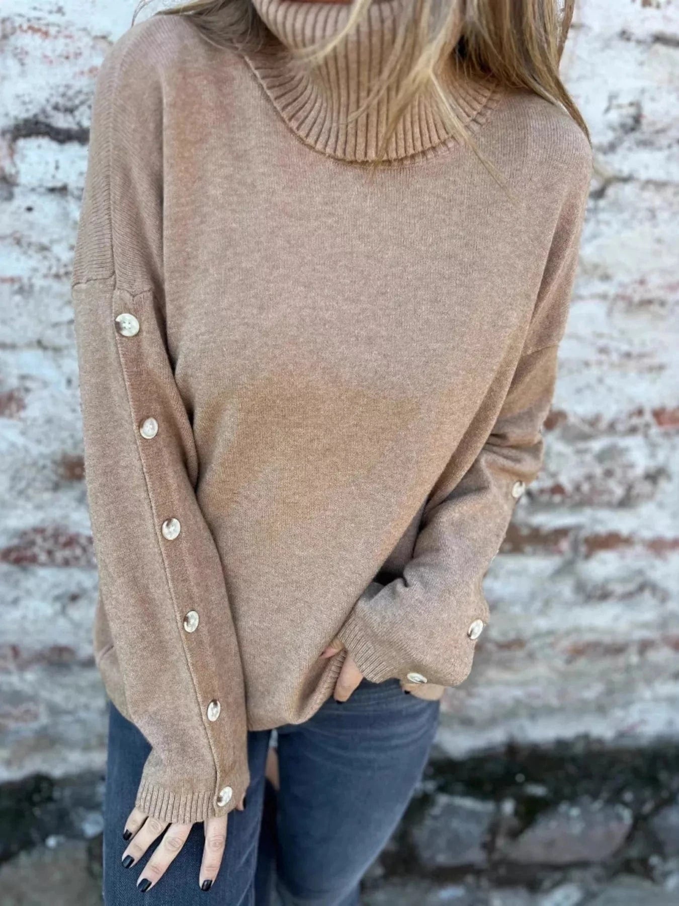 Khaki Full Size Turtleneck Long Sleeve Sweater Plus Size Tops and sweaters and T-Shirts