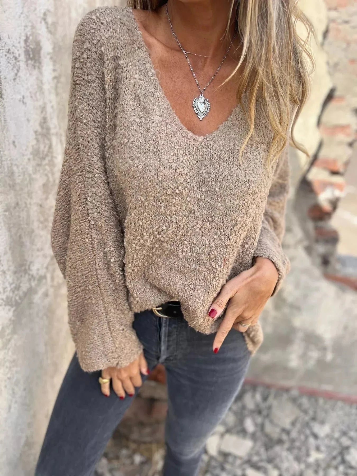 Khaki Full Size V-Neck Long Sleeve Sweater Plus Size Tops and sweaters and T-Shirts