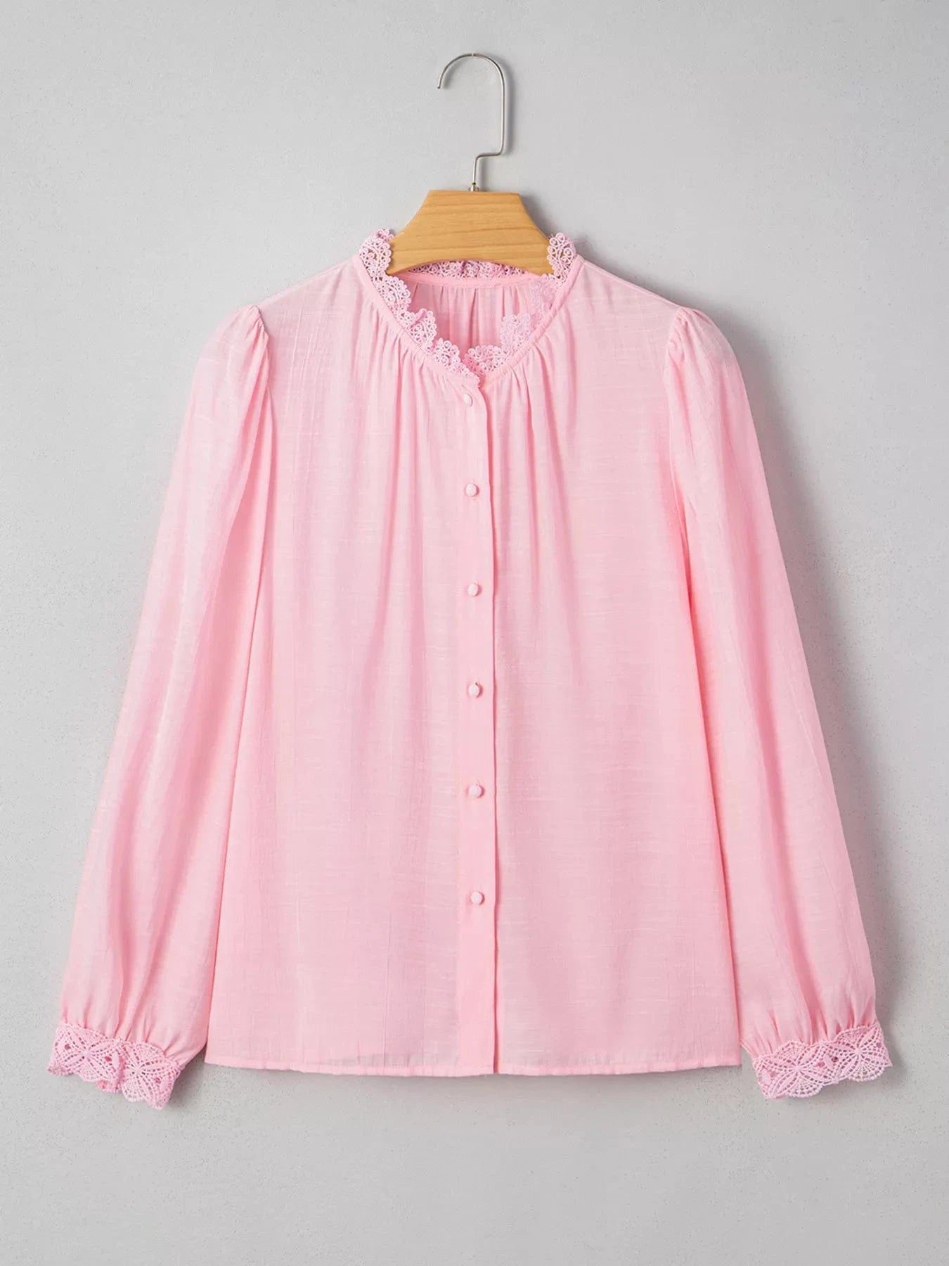 Lace Patchwork Edge Collarless Button Up Shirt Tops and sweaters and T-Shirts