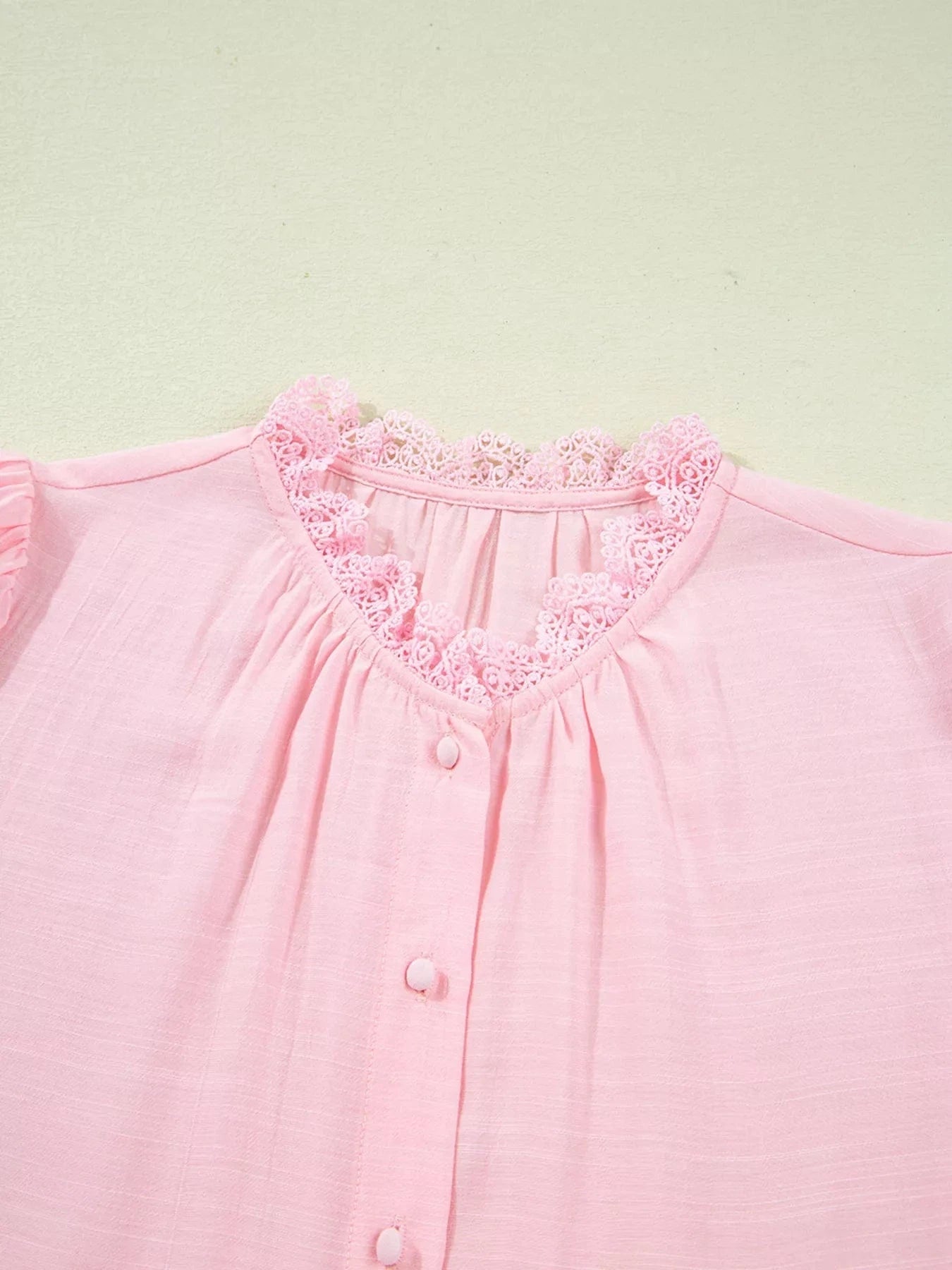 Lace Patchwork Edge Collarless Button Up Shirt Tops and sweaters and T-Shirts