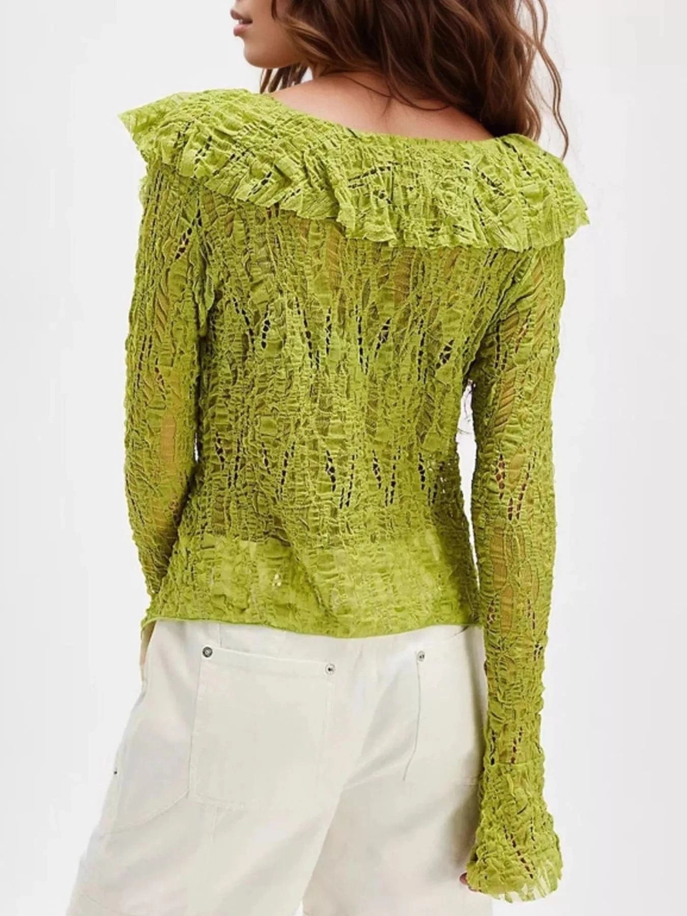 Lace Ruffle V-Neck Blouse Tops and sweaters and T-Shirts
