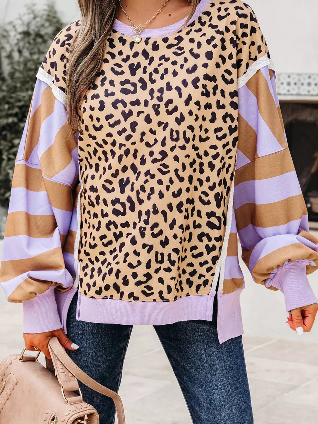 Leopard Stripe Color Block Patchwork Leopard Casual Sweatshirt with Slits Tops and sweaters and T-Shirts