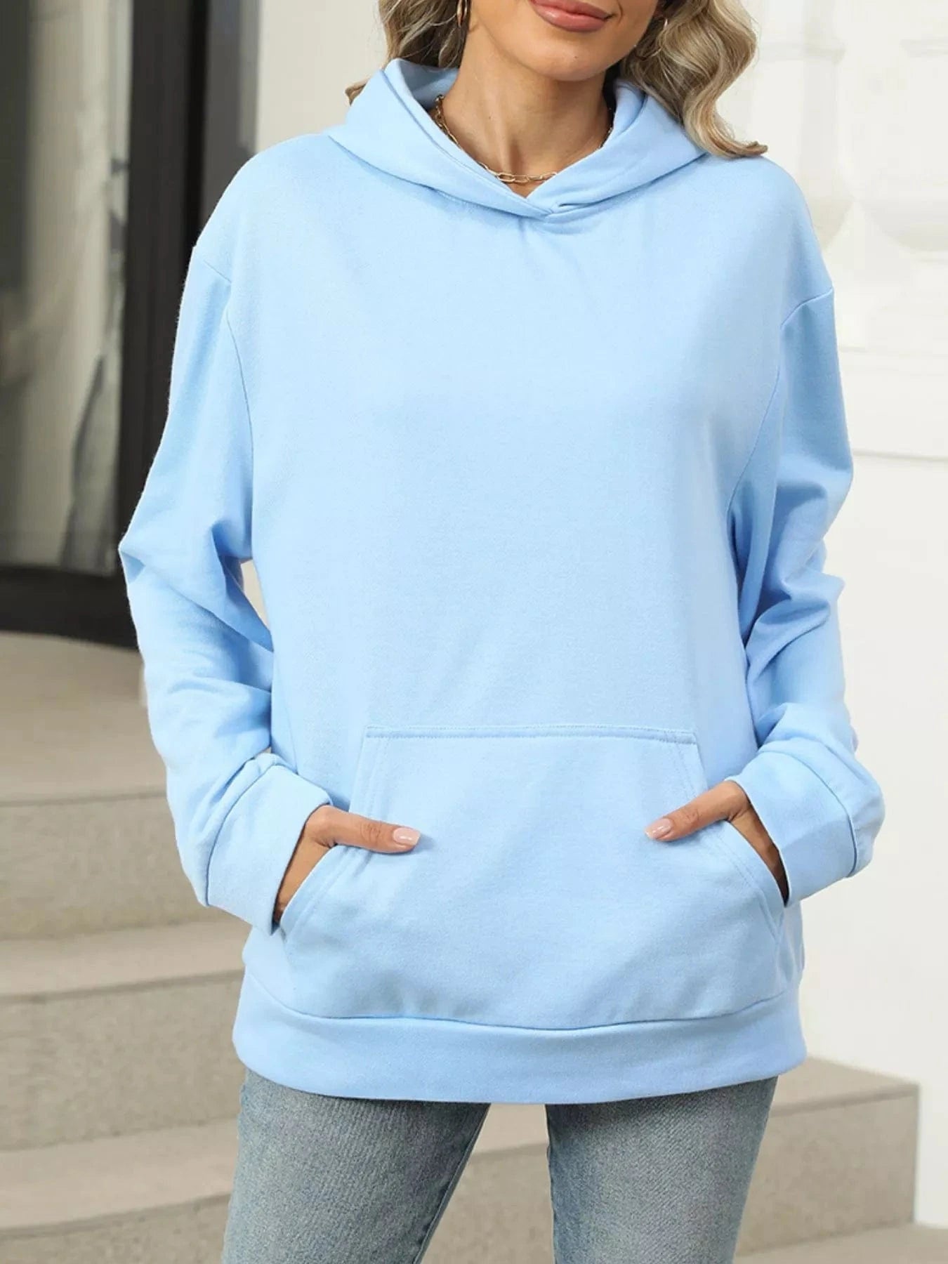 Light Blue Kangaroo Pocket Long Sleeve Hoodie Tops and sweaters and T-Shirts