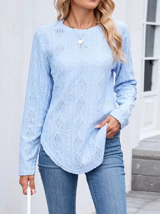 Light Blue Openwork Textured Long Sleeve Top Tops and sweaters and T-Shirts
