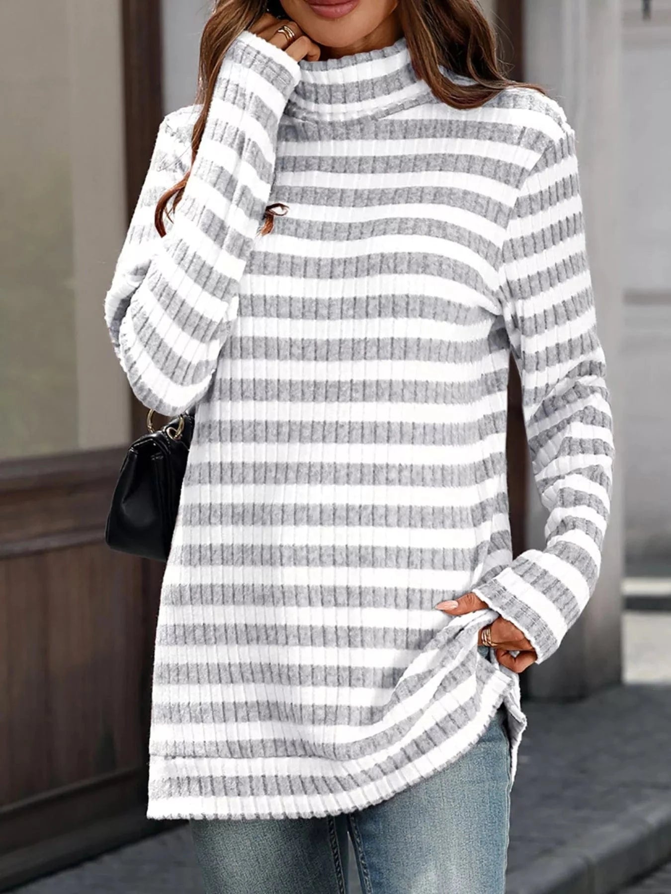 Light Gray Striped Turtleneck Long Sleeve Knit Top Tops and sweaters and T-Shirts