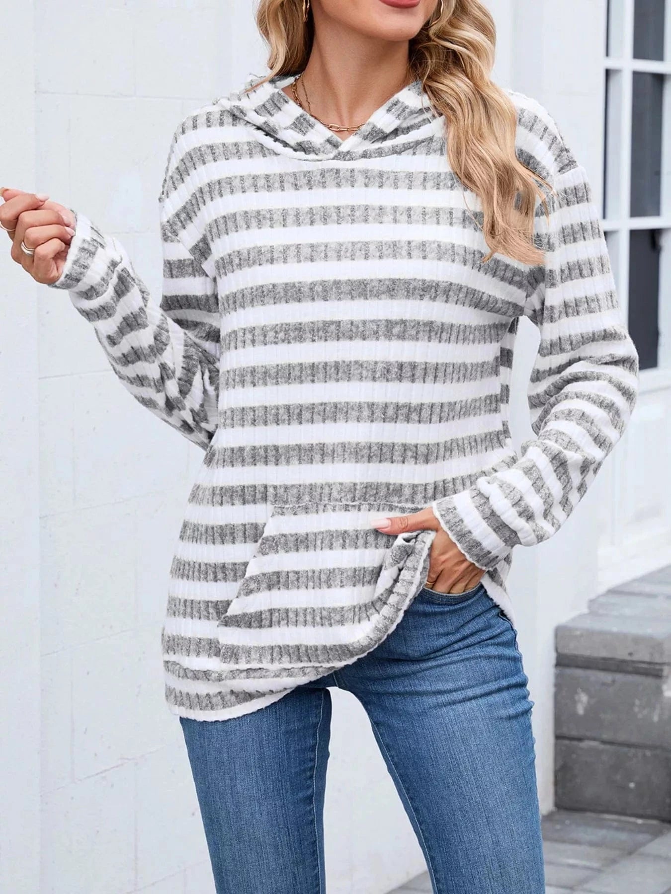 Light Gray Stripes Striped Dropped Shoulder Hoodie Tops and sweaters and T-Shirts