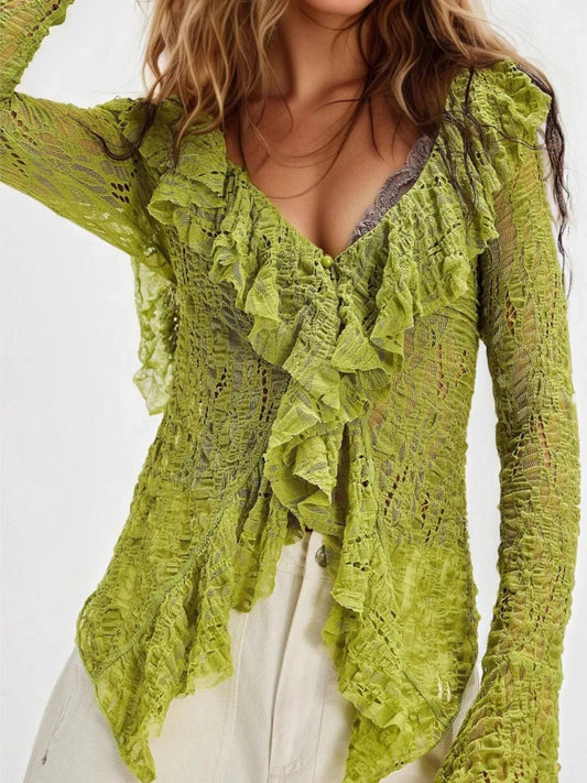 Lime Lace Ruffle V-Neck Blouse Tops and sweaters and T-Shirts