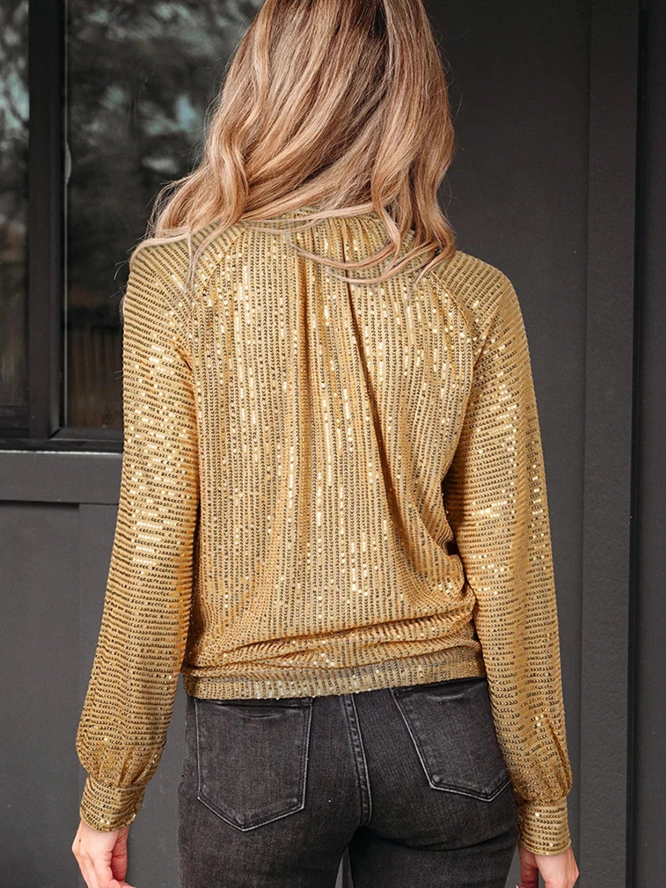 Metallic Balloon Sleeve Buttoned High Neck Loose Blouse Tops and sweaters and T-Shirts