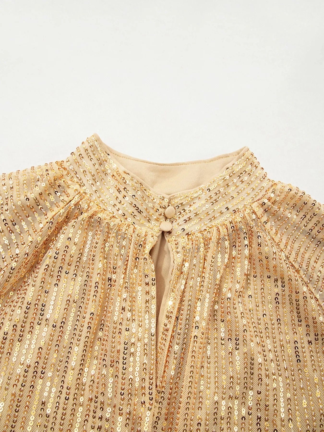 Metallic Balloon Sleeve Buttoned High Neck Loose Blouse Tops and sweaters and T-Shirts